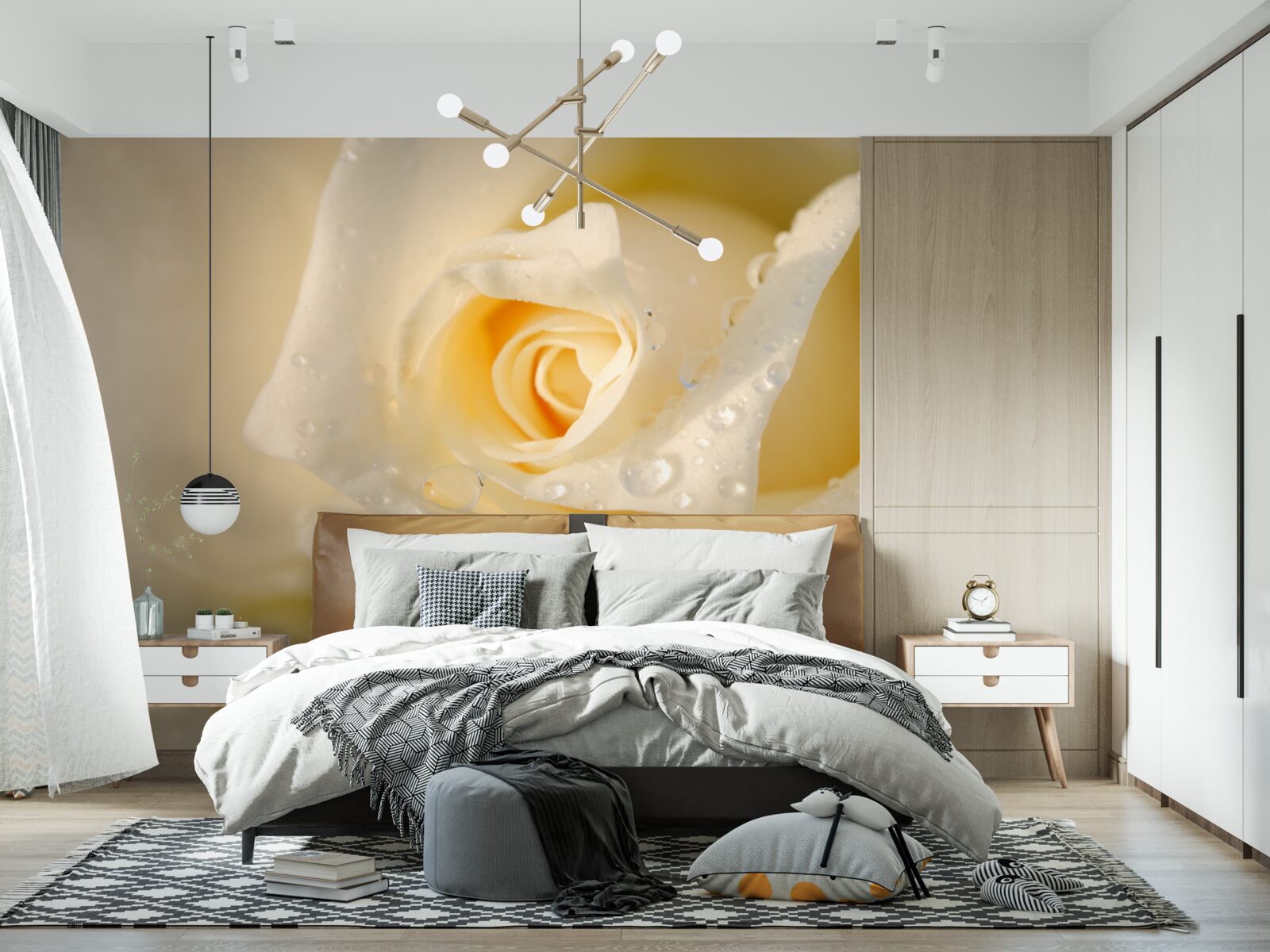 Fotobehang roos in druppels, wit geschilderd