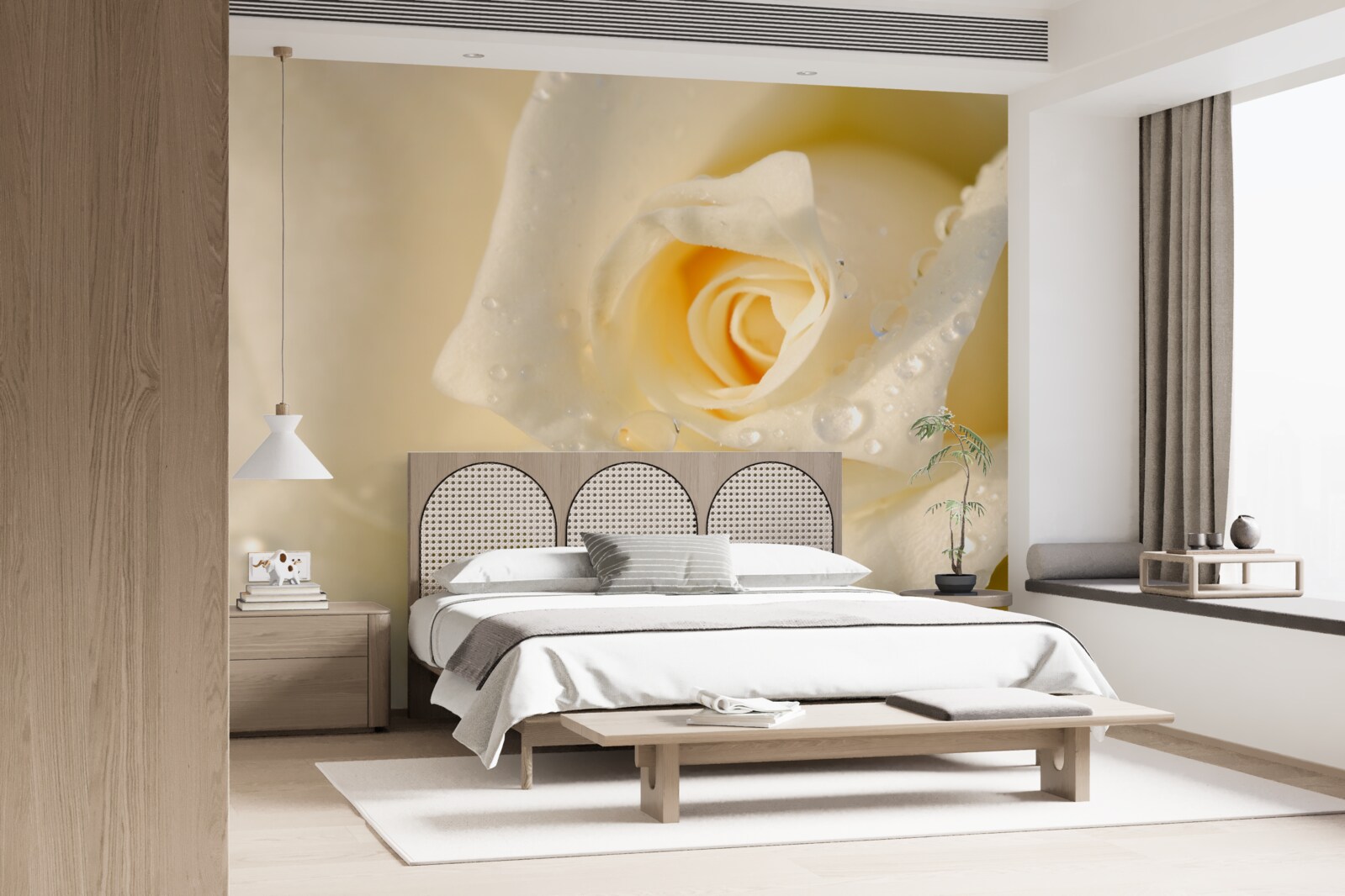 Fotobehang roos in druppels, wit geschilderd