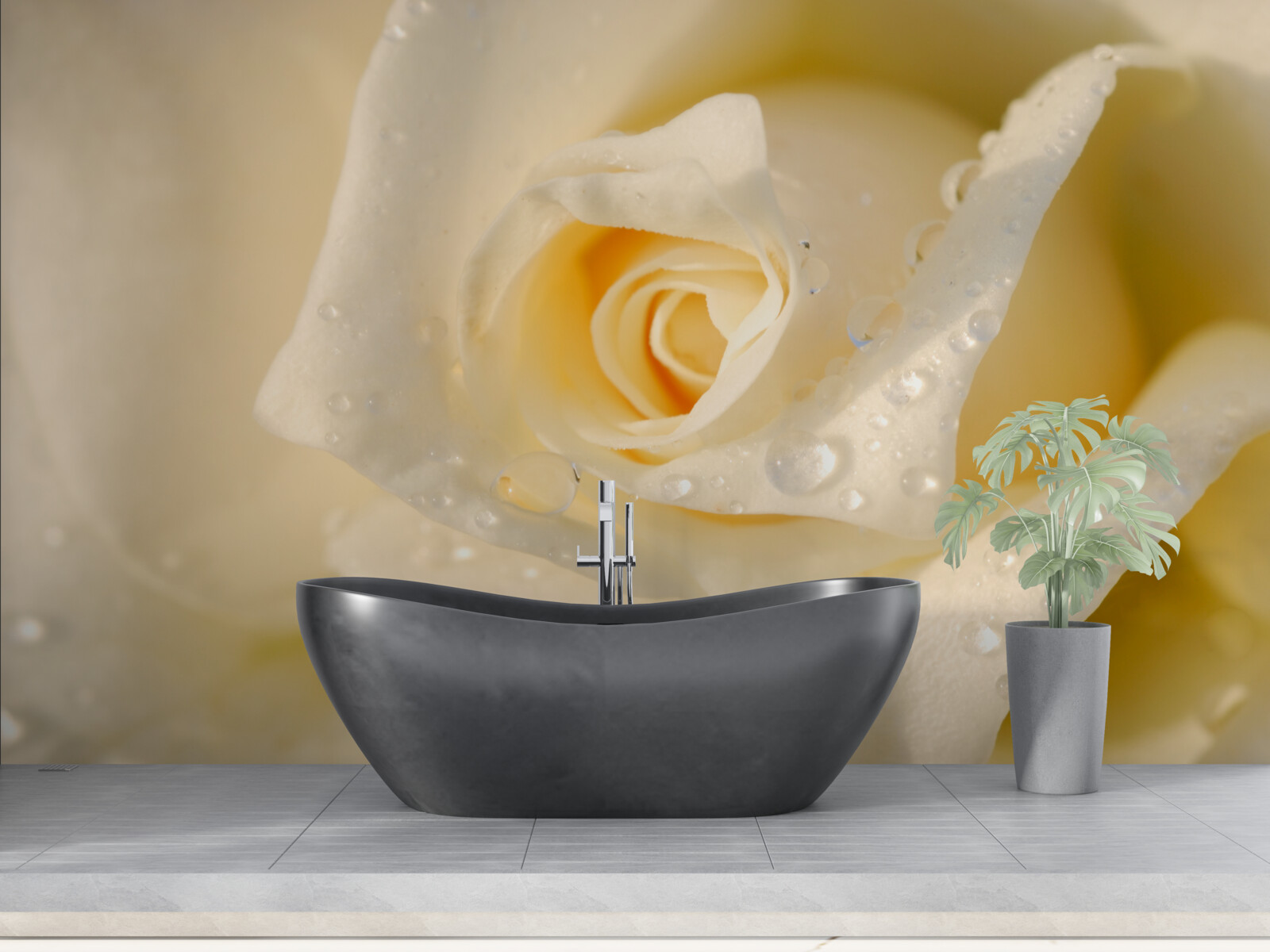 Fotobehang roos in druppels, wit geschilderd