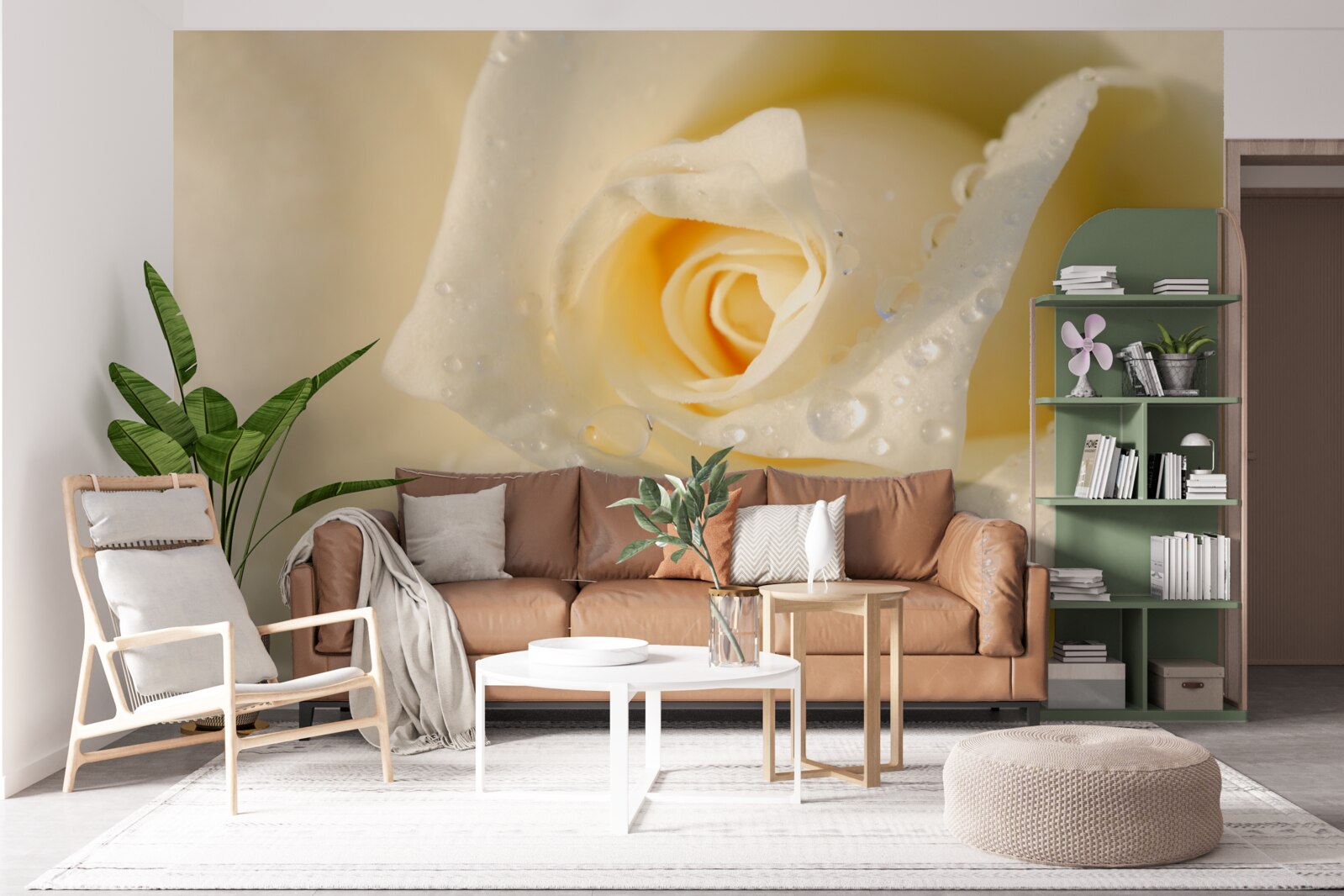 Fotobehang roos in druppels, wit geschilderd