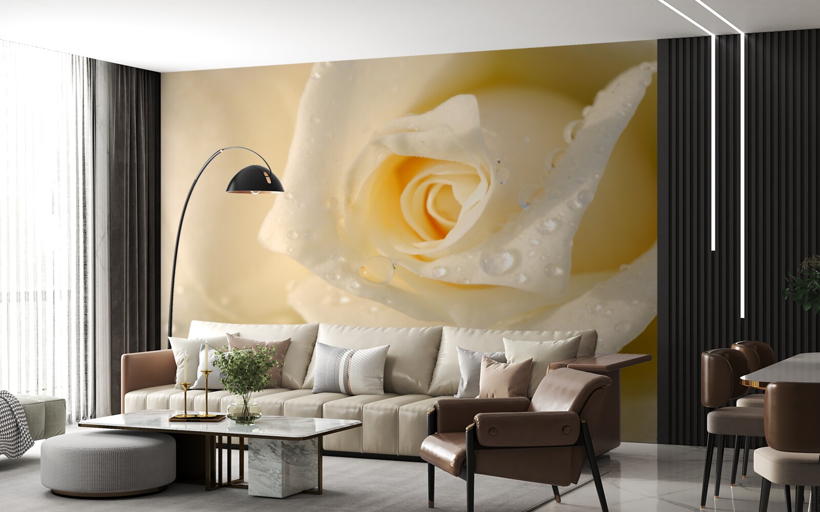 Fotobehang roos in druppels, wit geschilderd