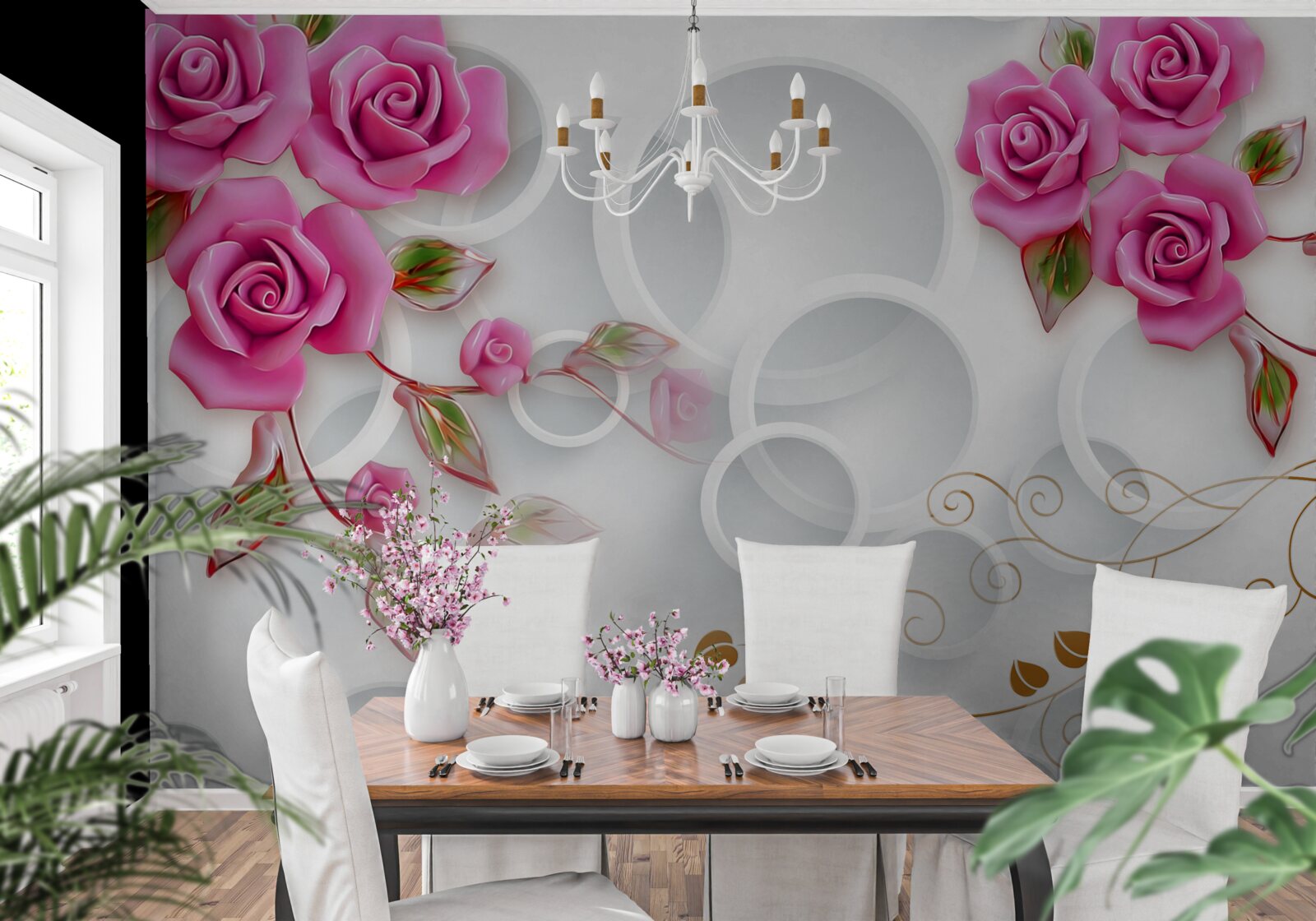 Fotobehang witte hoepels en een roos in roze