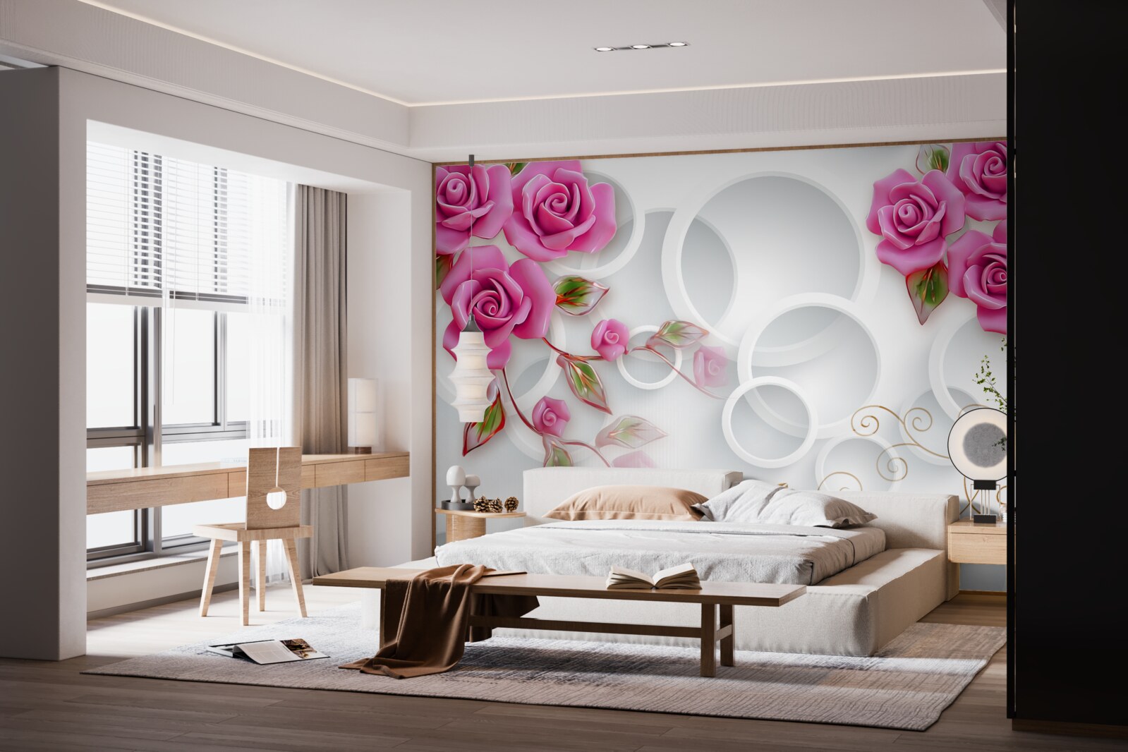 Fotobehang witte hoepels en een roos in roze