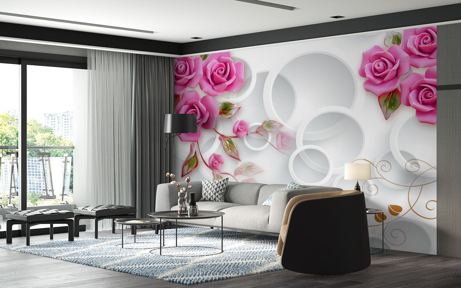 Fotobehang witte hoepels en een roos in roze