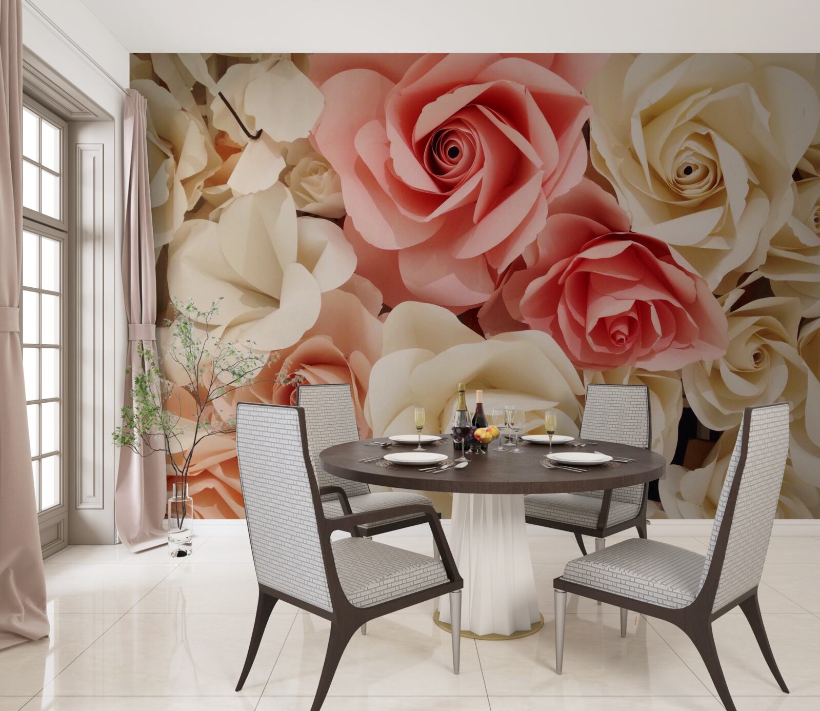 Fotobehang een prachtig boeket rozen in crèmekleurige en roze tinten