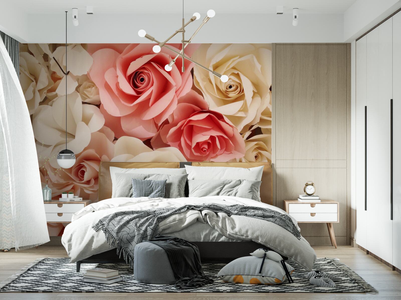 Fotobehang een prachtig boeket rozen in crèmekleurige en roze tinten