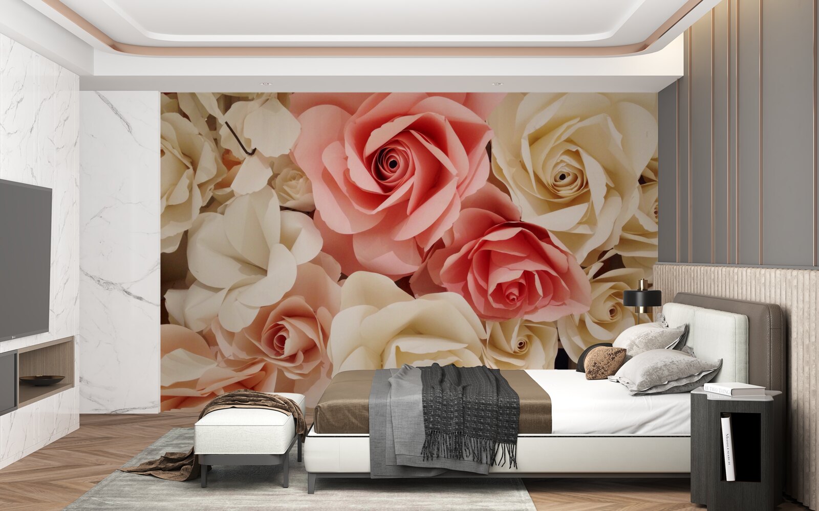 Fotobehang een prachtig boeket rozen in crèmekleurige en roze tinten