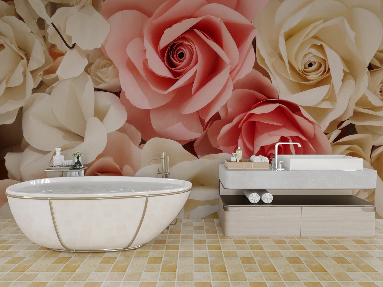 Fotobehang een prachtig boeket rozen in crèmekleurige en roze tinten