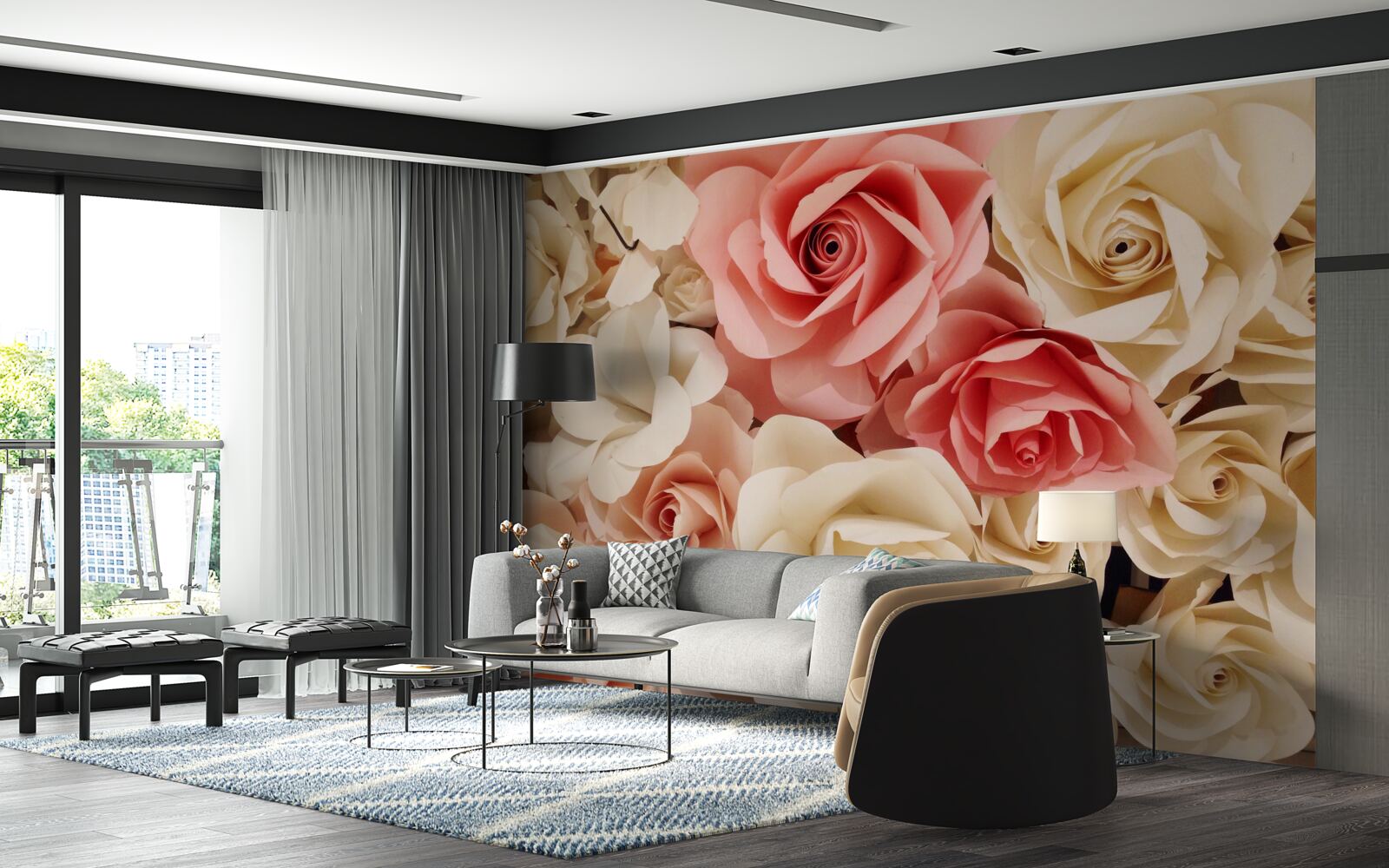 Fotobehang een prachtig boeket rozen in crèmekleurige en roze tinten