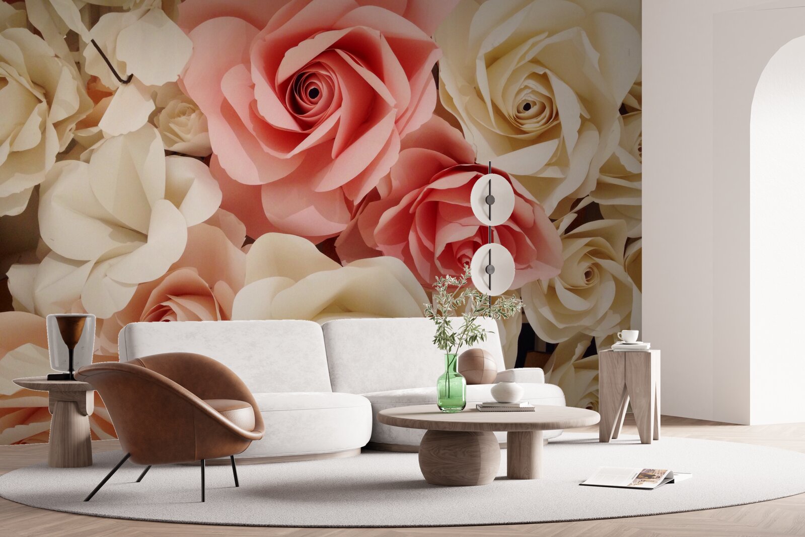 Fotobehang een prachtig boeket rozen in crèmekleurige en roze tinten