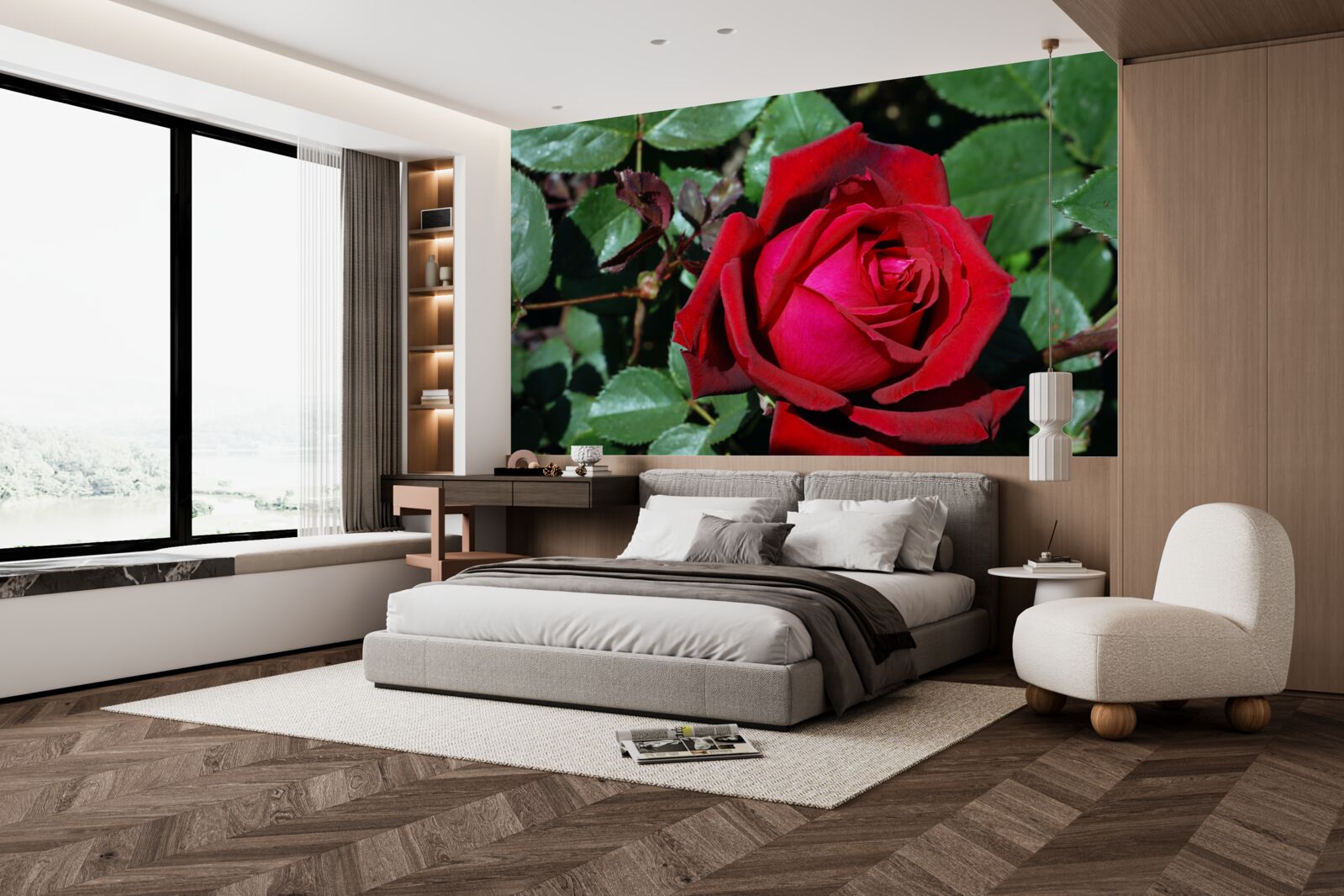 Fotobehang een scharlakenrode roos heeft gebloeid in de tuin