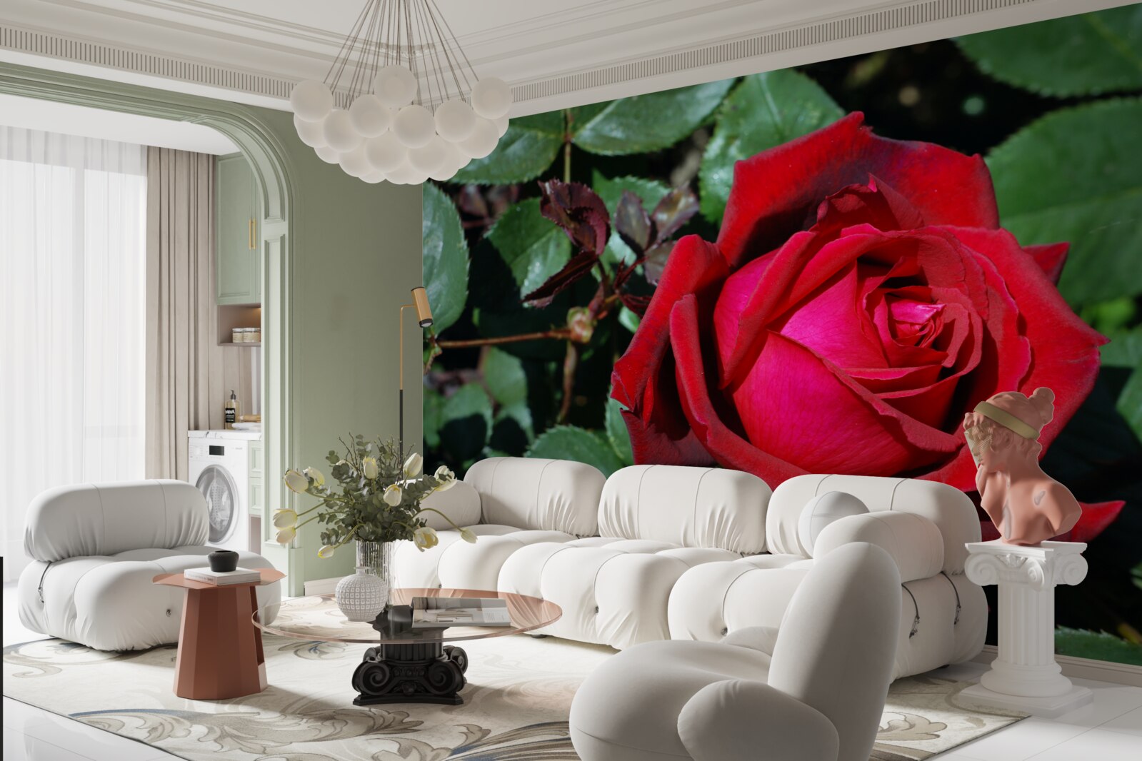 Fotobehang een scharlakenrode roos heeft gebloeid in de tuin