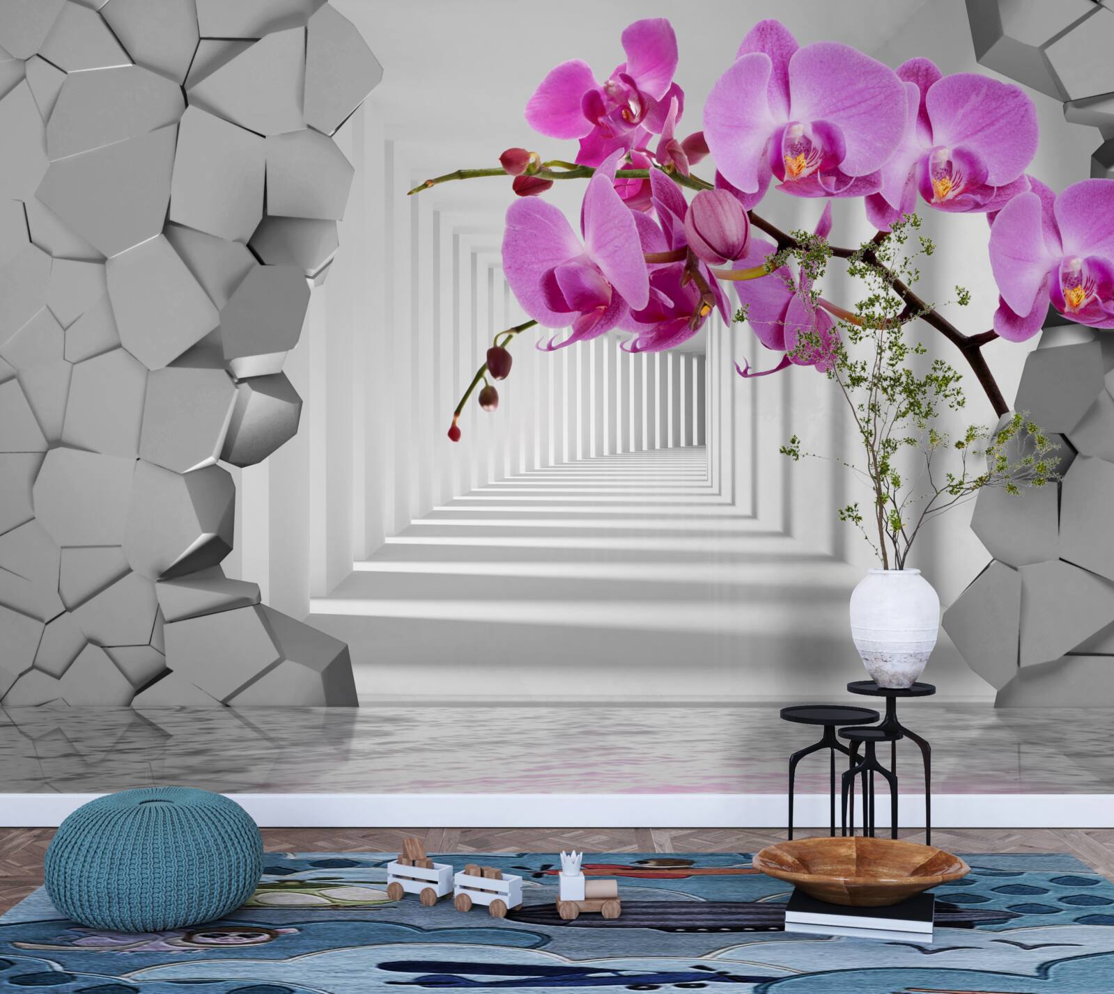 Fotobehang de orchidee penetreert de muur met haar tak