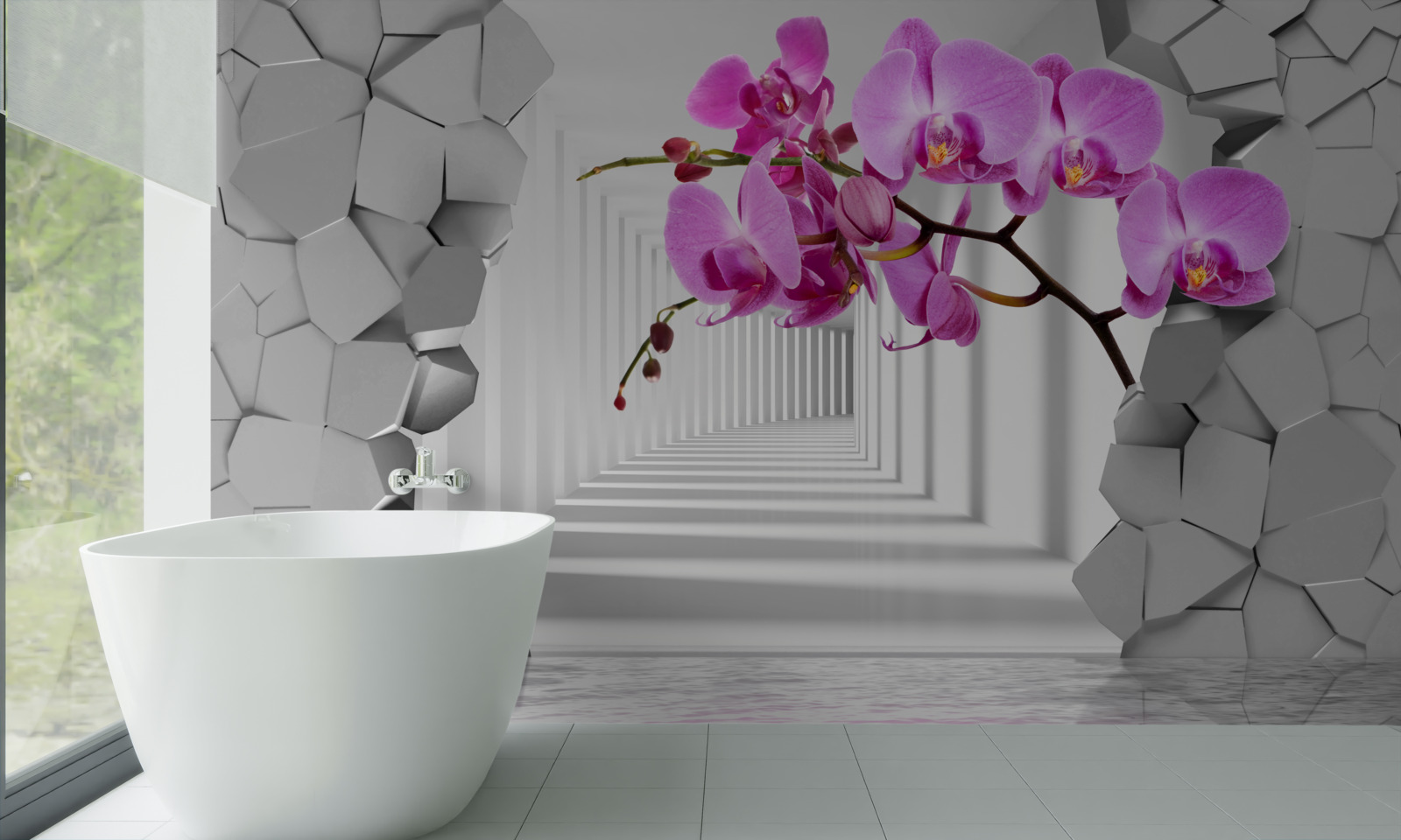 Fotobehang de orchidee penetreert de muur met haar tak