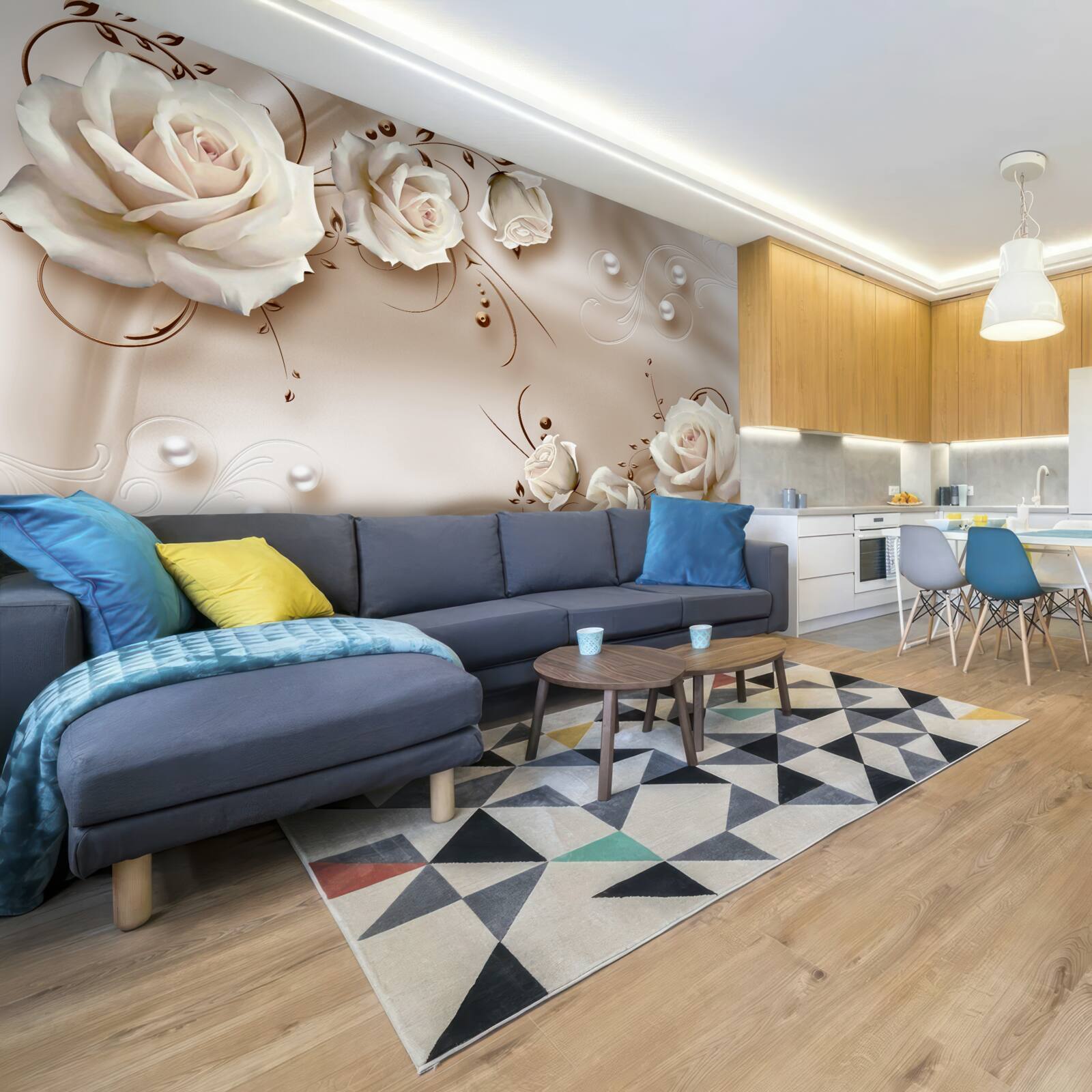 Fotobehang kralen en witte rozen