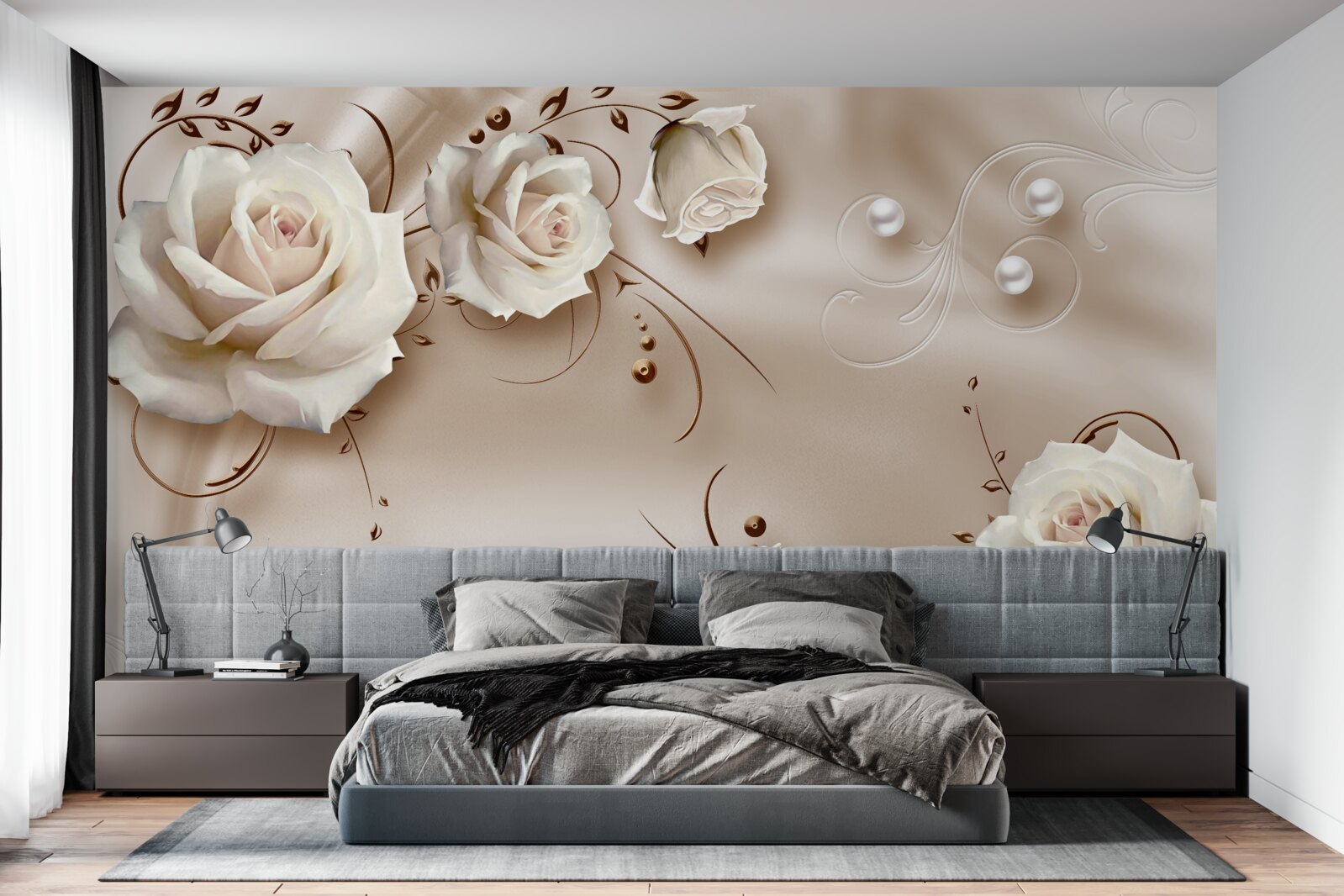 Fotobehang kralen en witte rozen