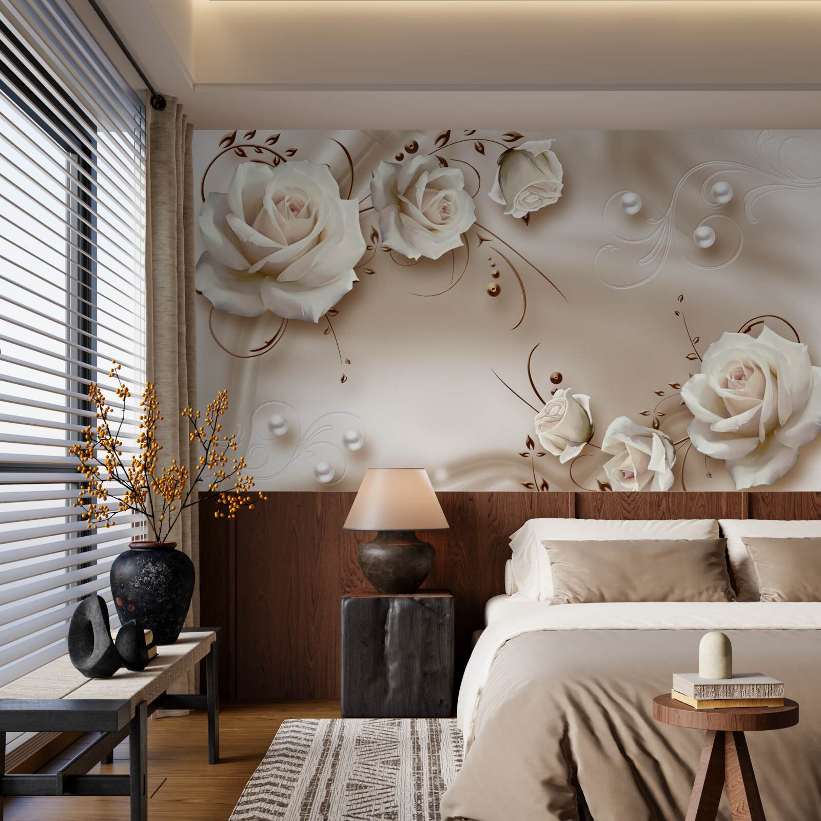 Fotobehang kralen en witte rozen