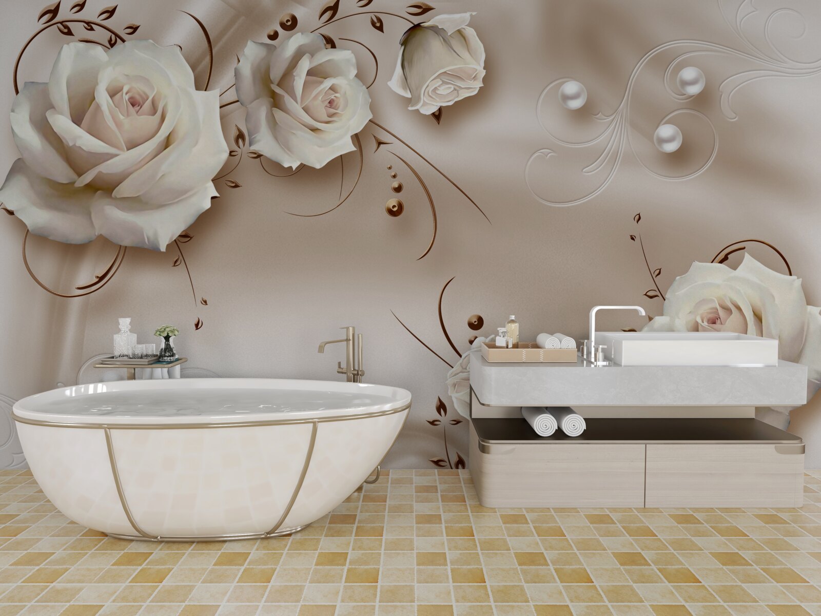 Fotobehang kralen en witte rozen