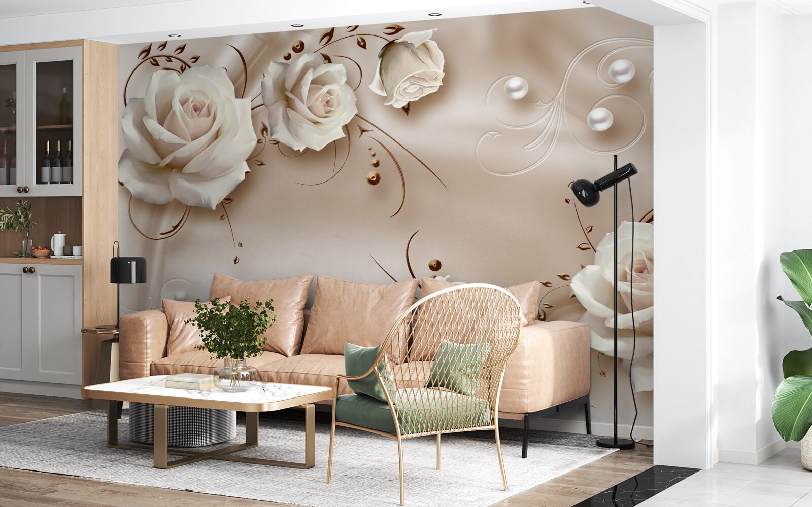 Fotobehang kralen en witte rozen