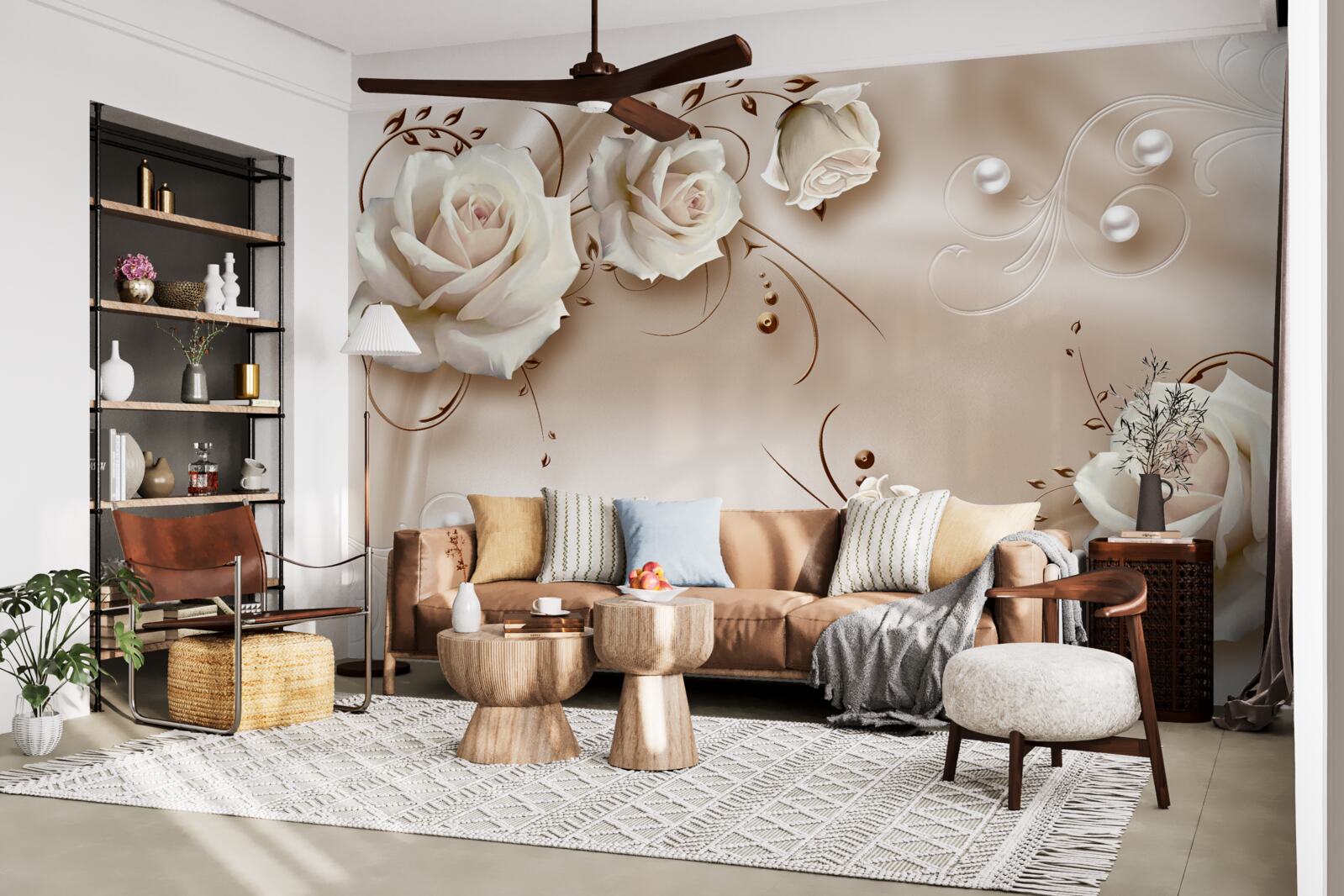 Fotobehang kralen en witte rozen