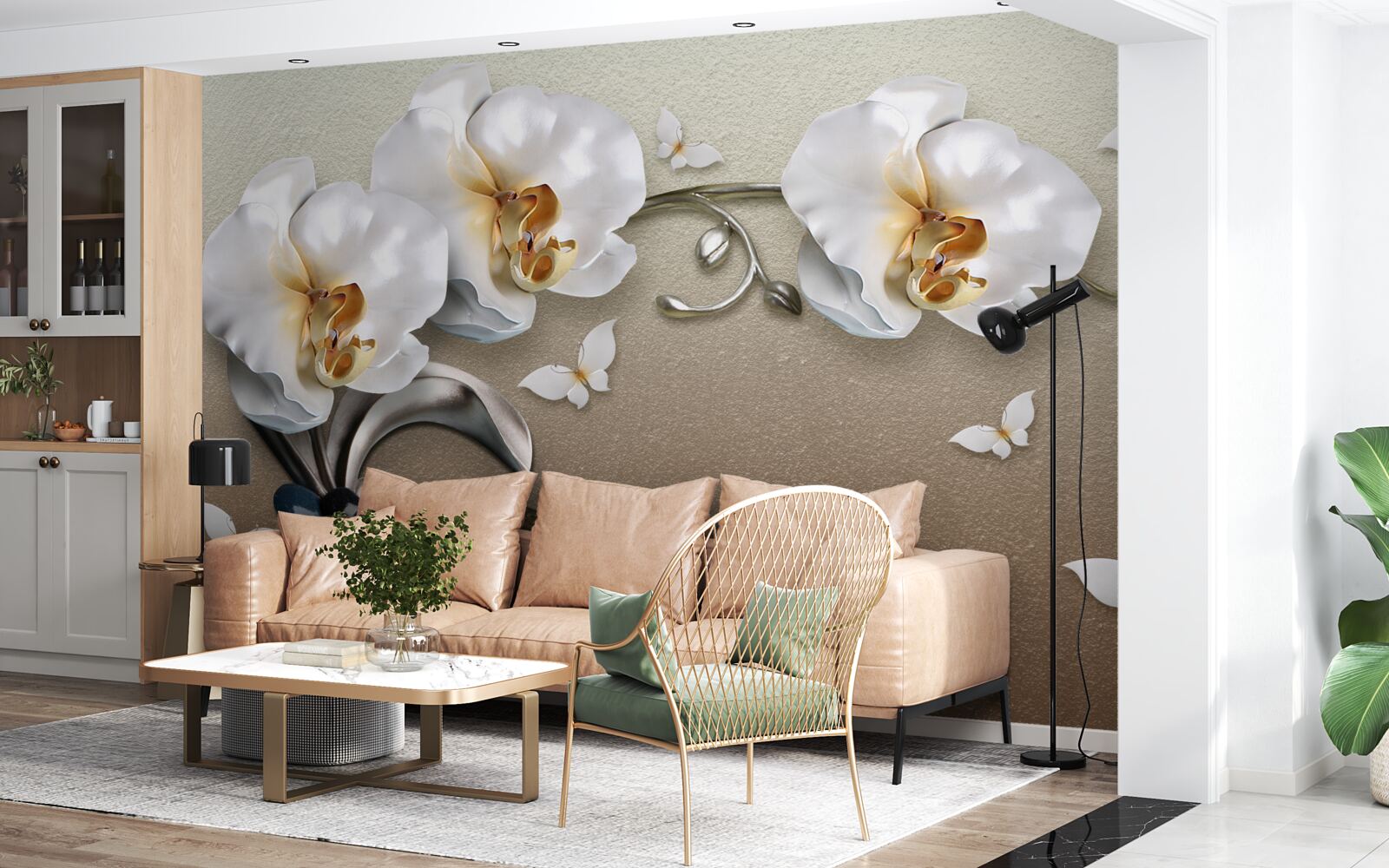 Fotobehang stenen, sneeuwwitte bloemen en vlinders