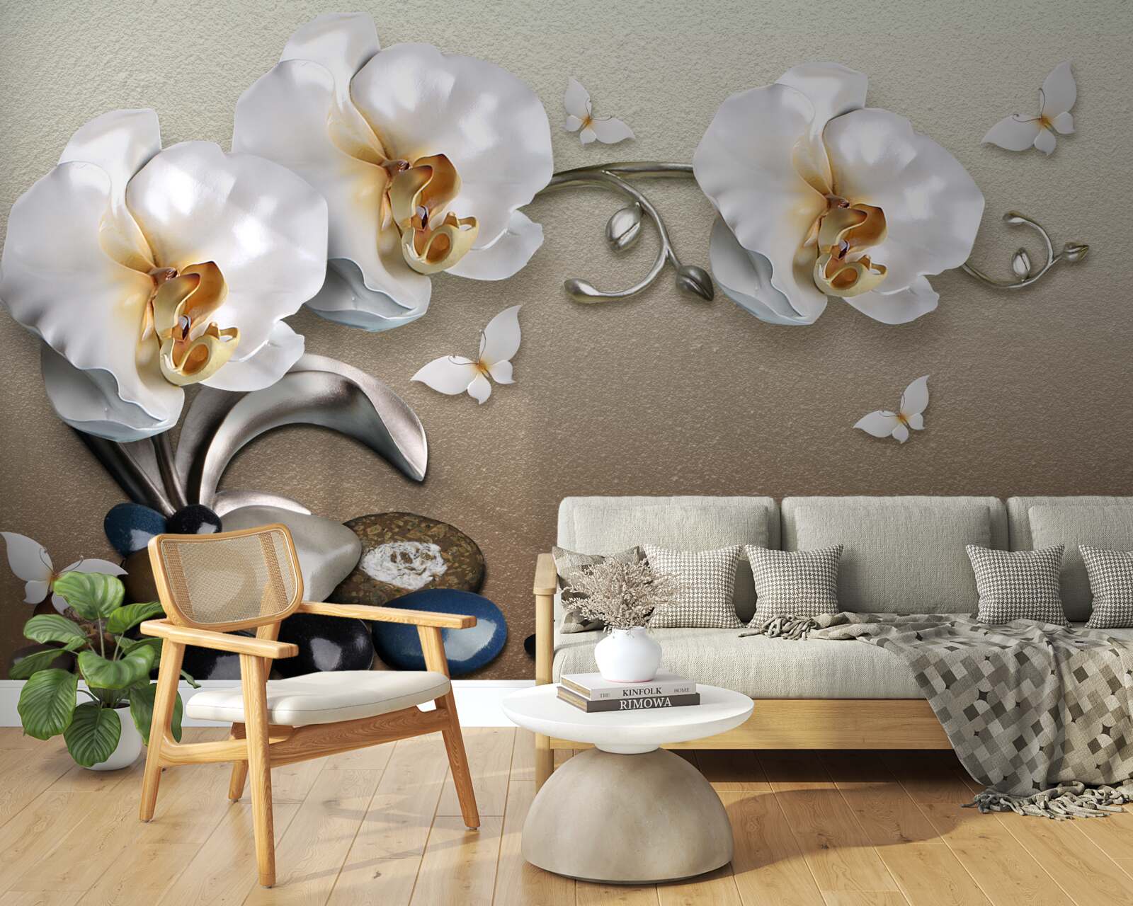 Fotobehang stenen, sneeuwwitte bloemen en vlinders