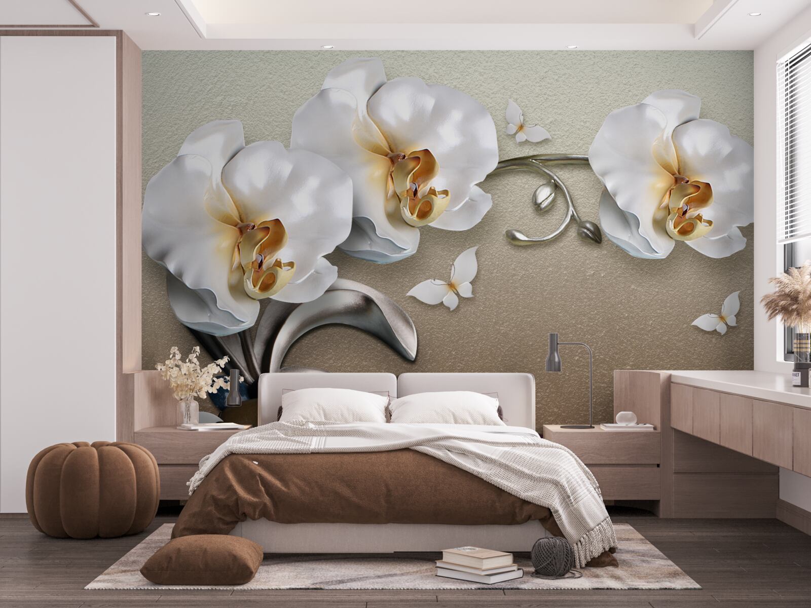 Fotobehang stenen, sneeuwwitte bloemen en vlinders