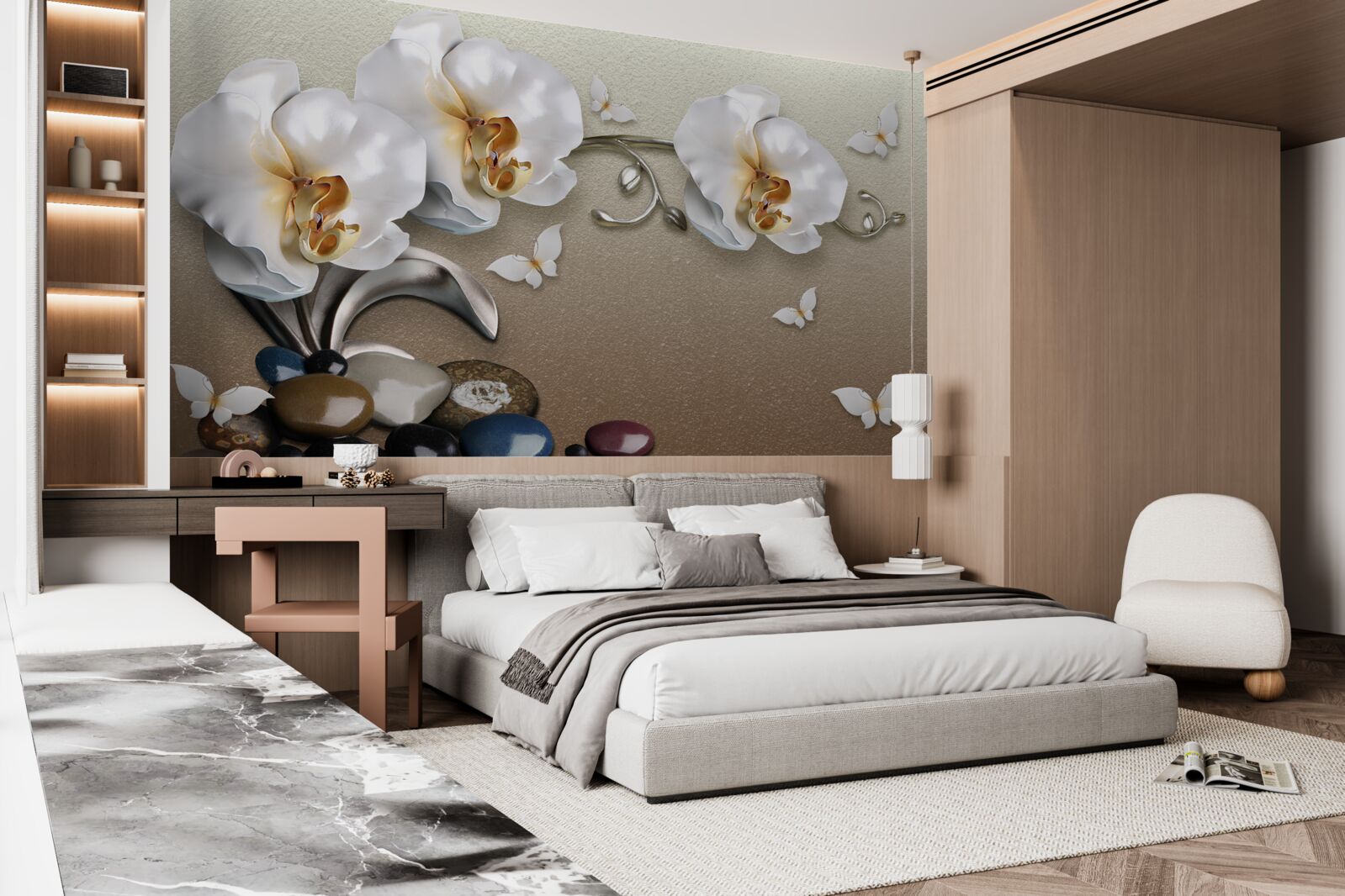 Fotobehang stenen, sneeuwwitte bloemen en vlinders