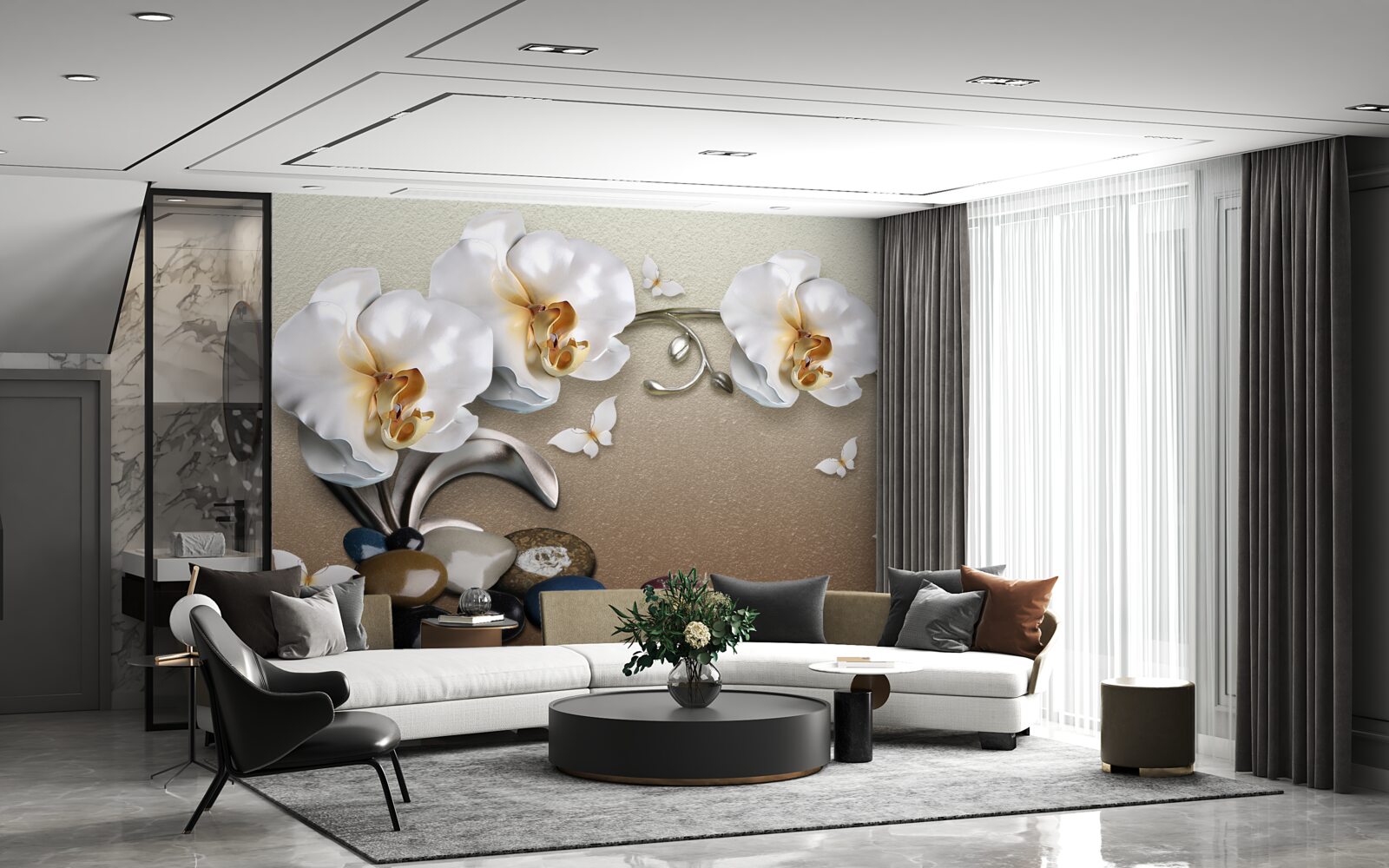 Fotobehang stenen, sneeuwwitte bloemen en vlinders