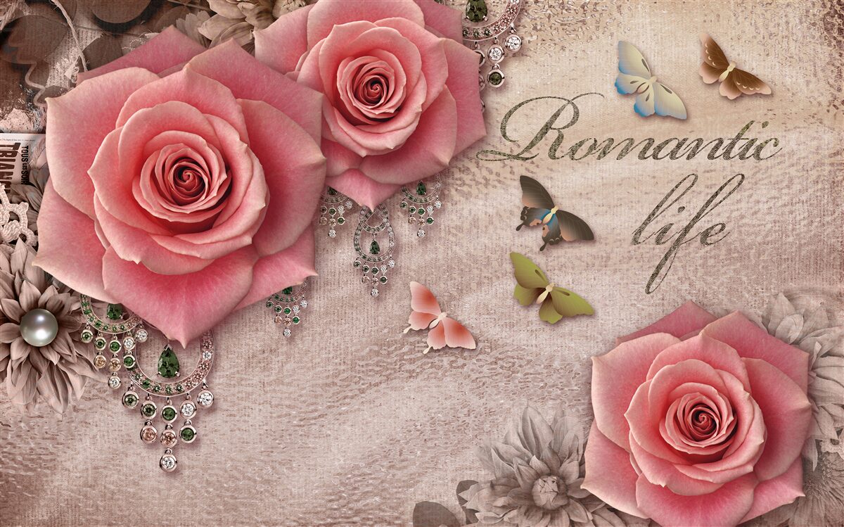 Fotobehang miniatuur vliegende insecten en grote felroze bloemen