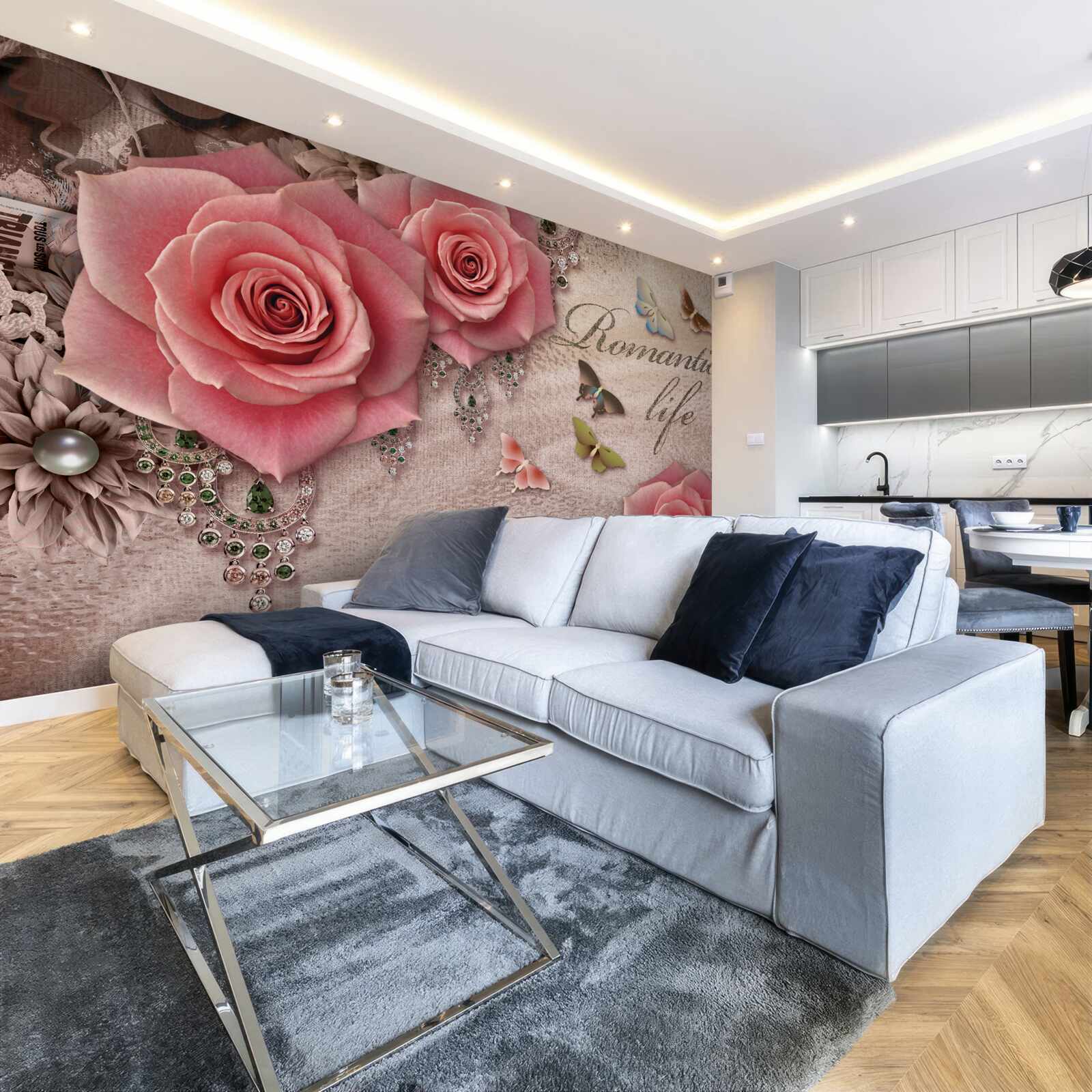 Fotobehang miniatuur vliegende insecten en grote felroze bloemen