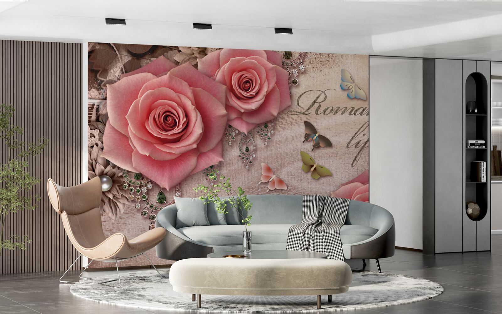 Fotobehang miniatuur vliegende insecten en grote felroze bloemen