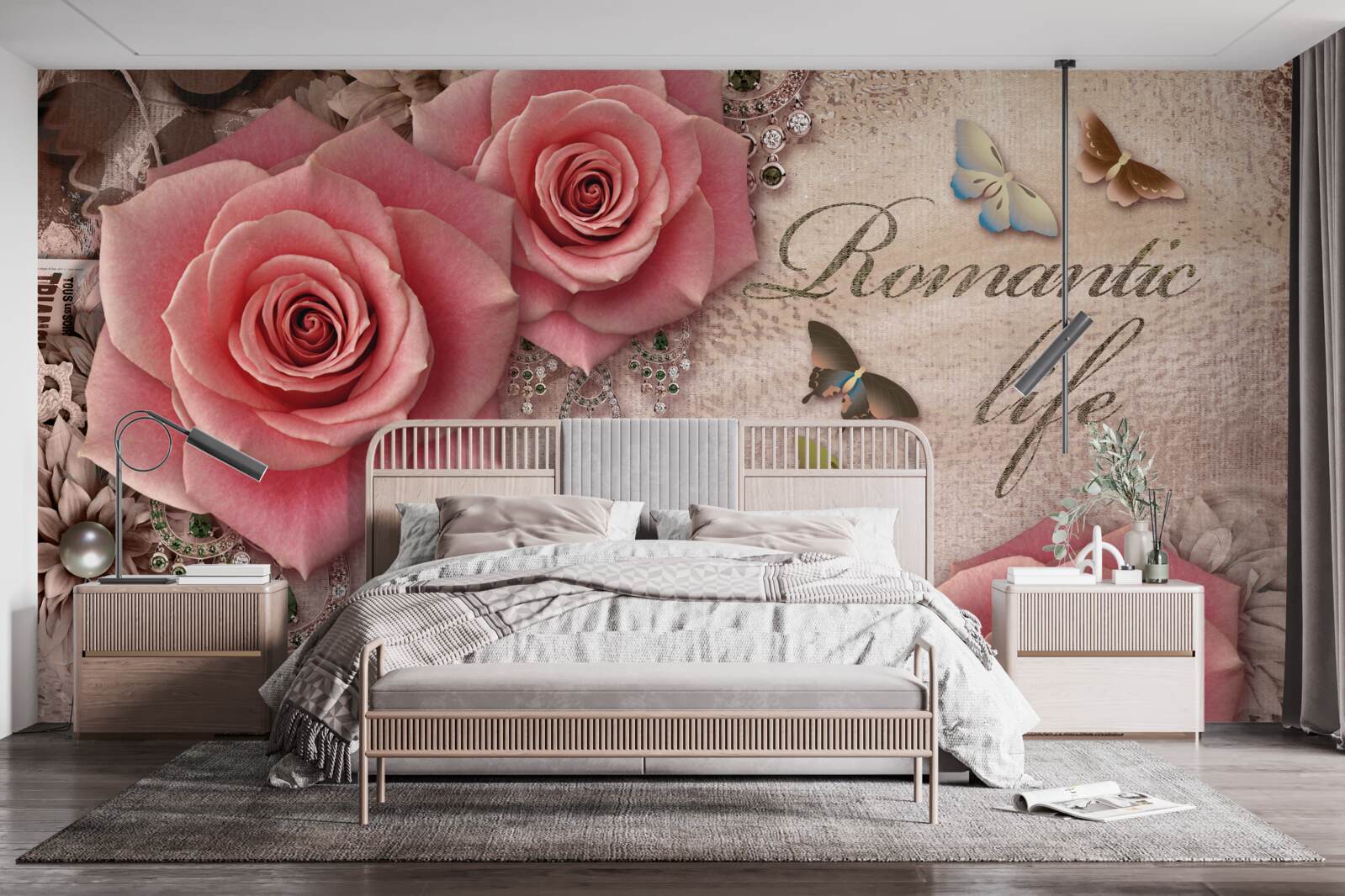 Fotobehang miniatuur vliegende insecten en grote felroze bloemen