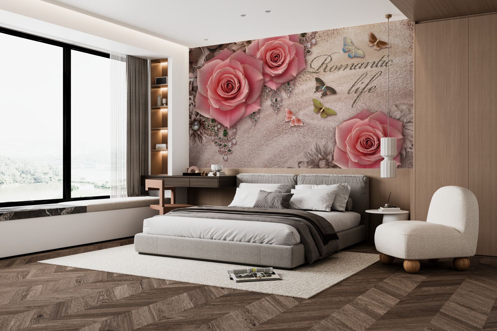 Fotobehang miniatuur vliegende insecten en grote felroze bloemen