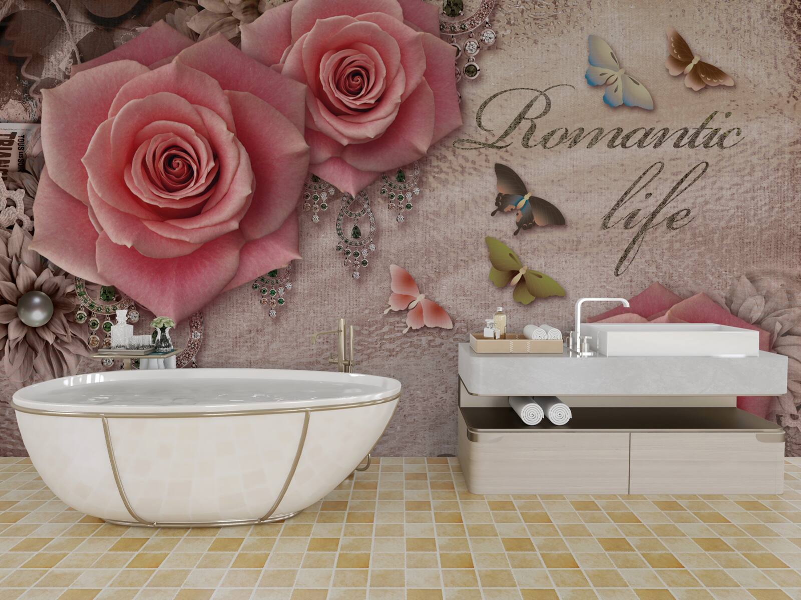 Fotobehang miniatuur vliegende insecten en grote felroze bloemen