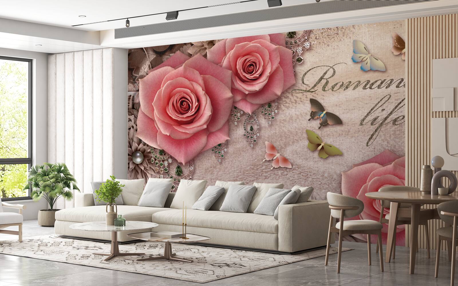 Fotobehang miniatuur vliegende insecten en grote felroze bloemen