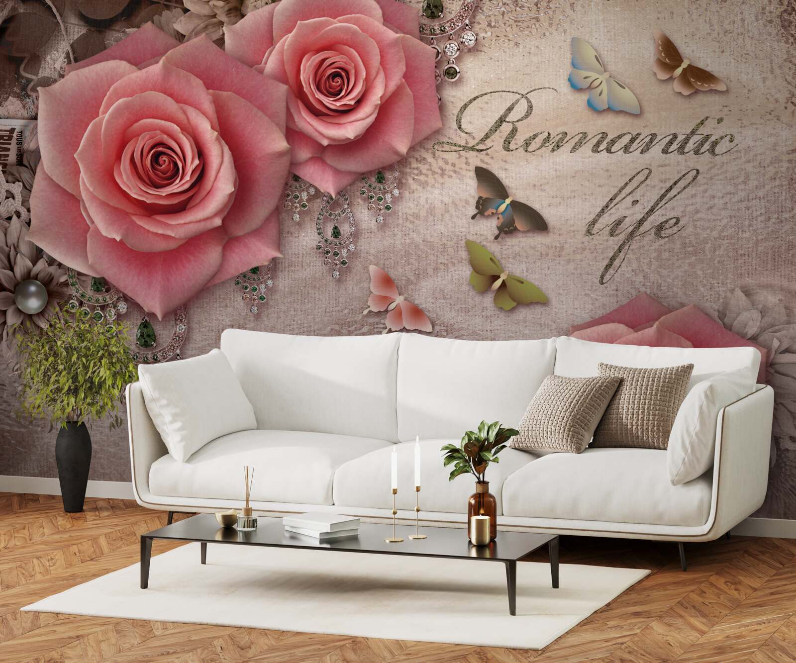 Fotobehang miniatuur vliegende insecten en grote felroze bloemen