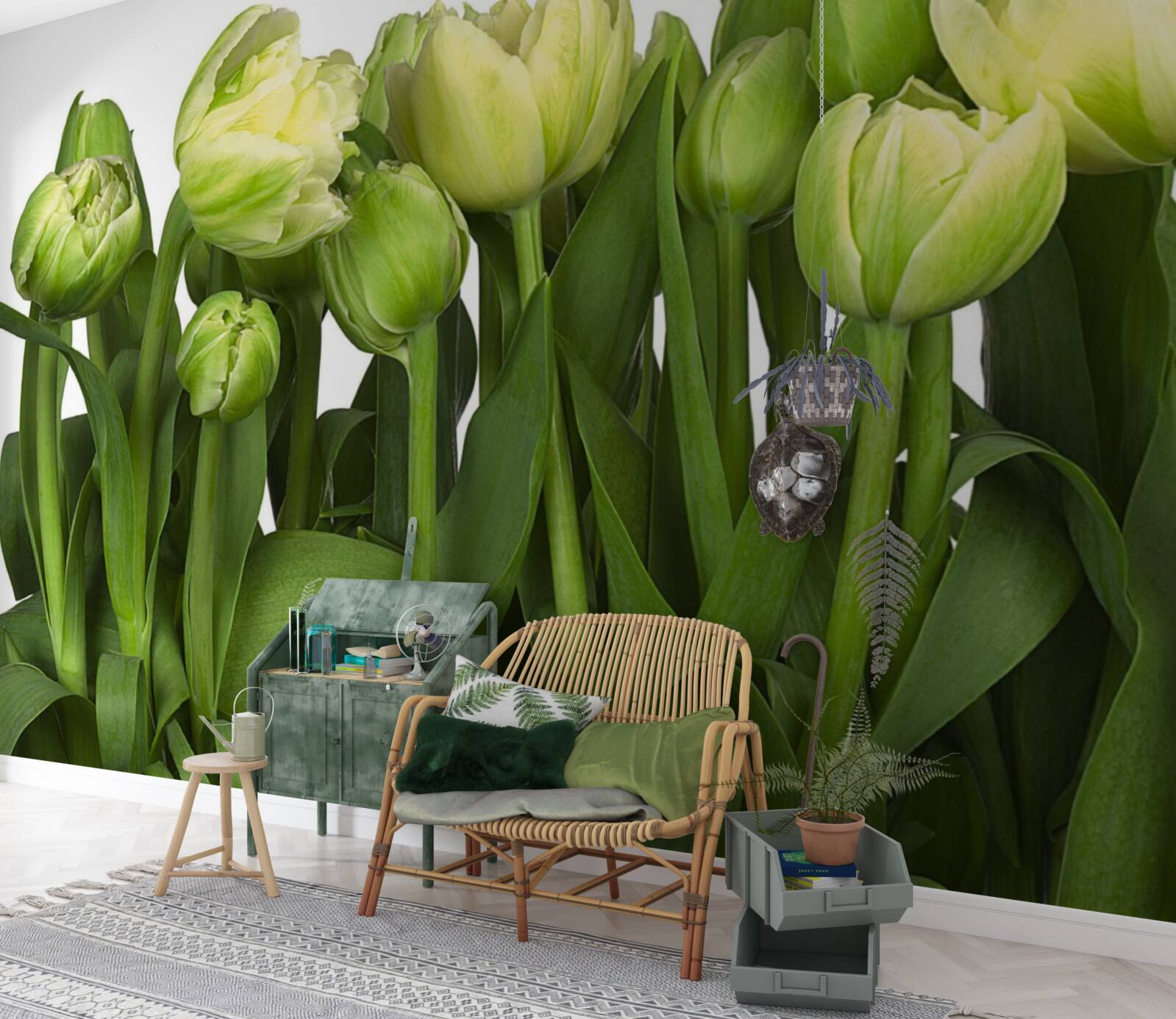 Fotobehang set gedeeltelijk geopende lichte tulpen