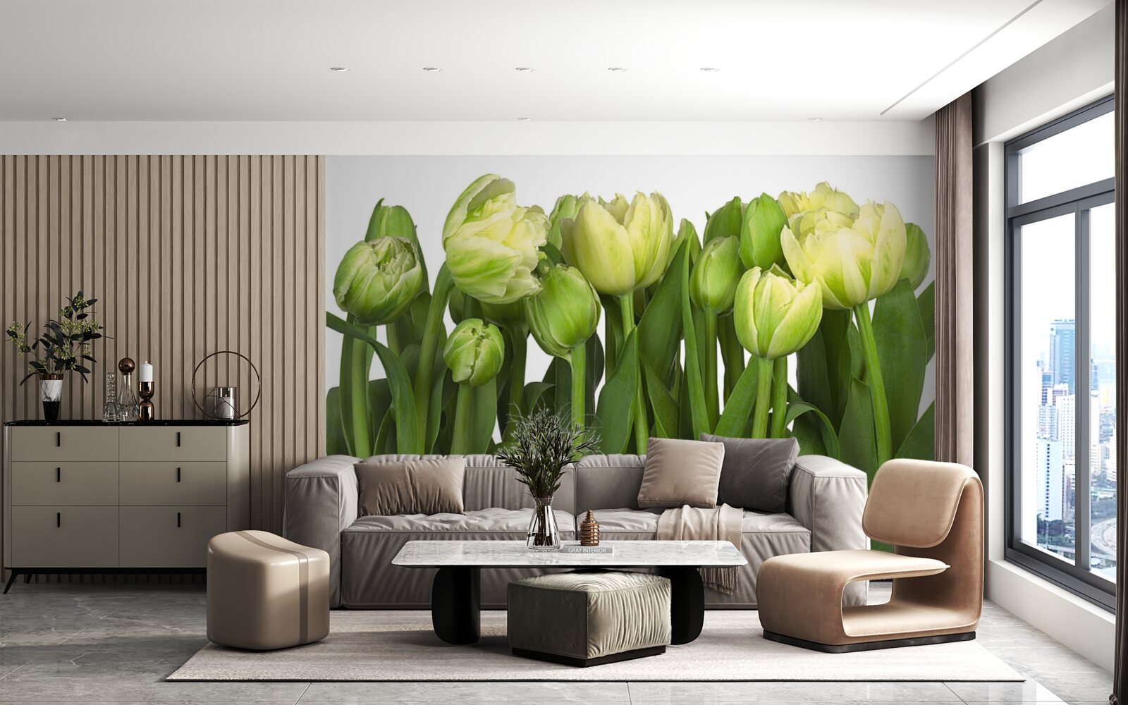 Fotobehang set gedeeltelijk geopende lichte tulpen