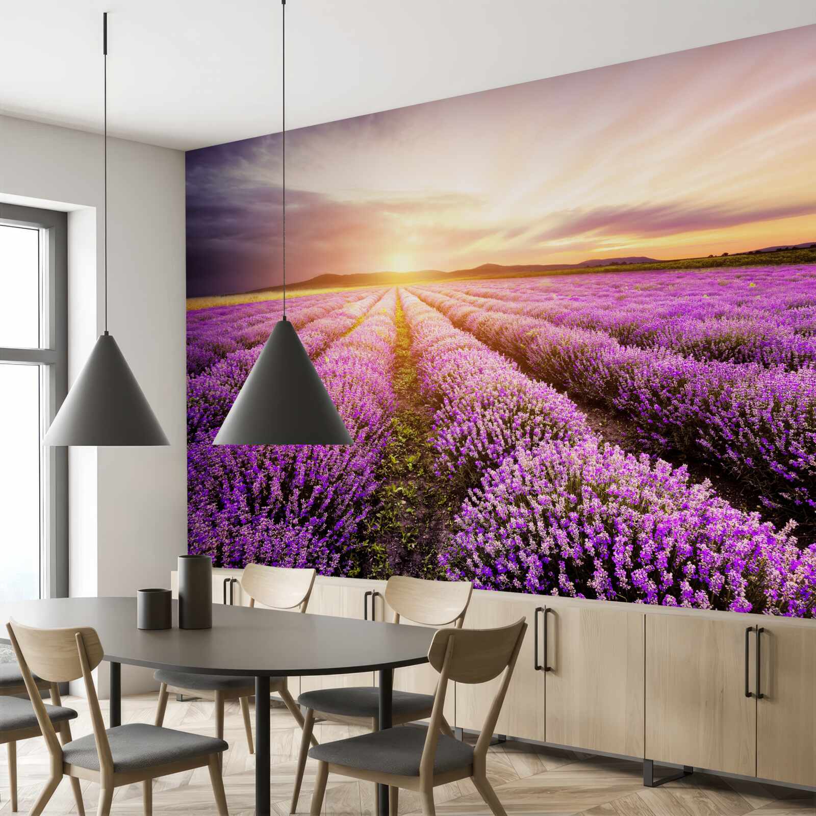 Fotobehang zonsondergang boven een veld lavendel