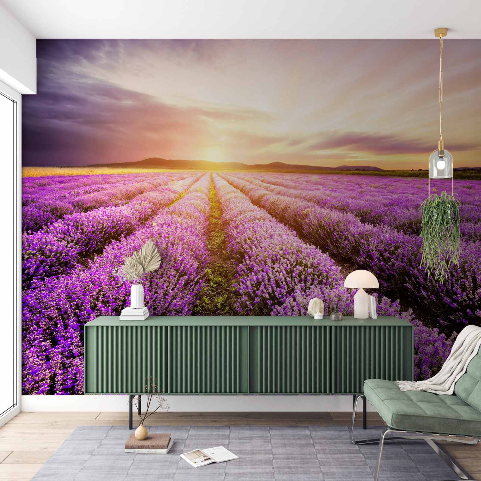 Fotobehang zonsondergang boven een veld lavendel