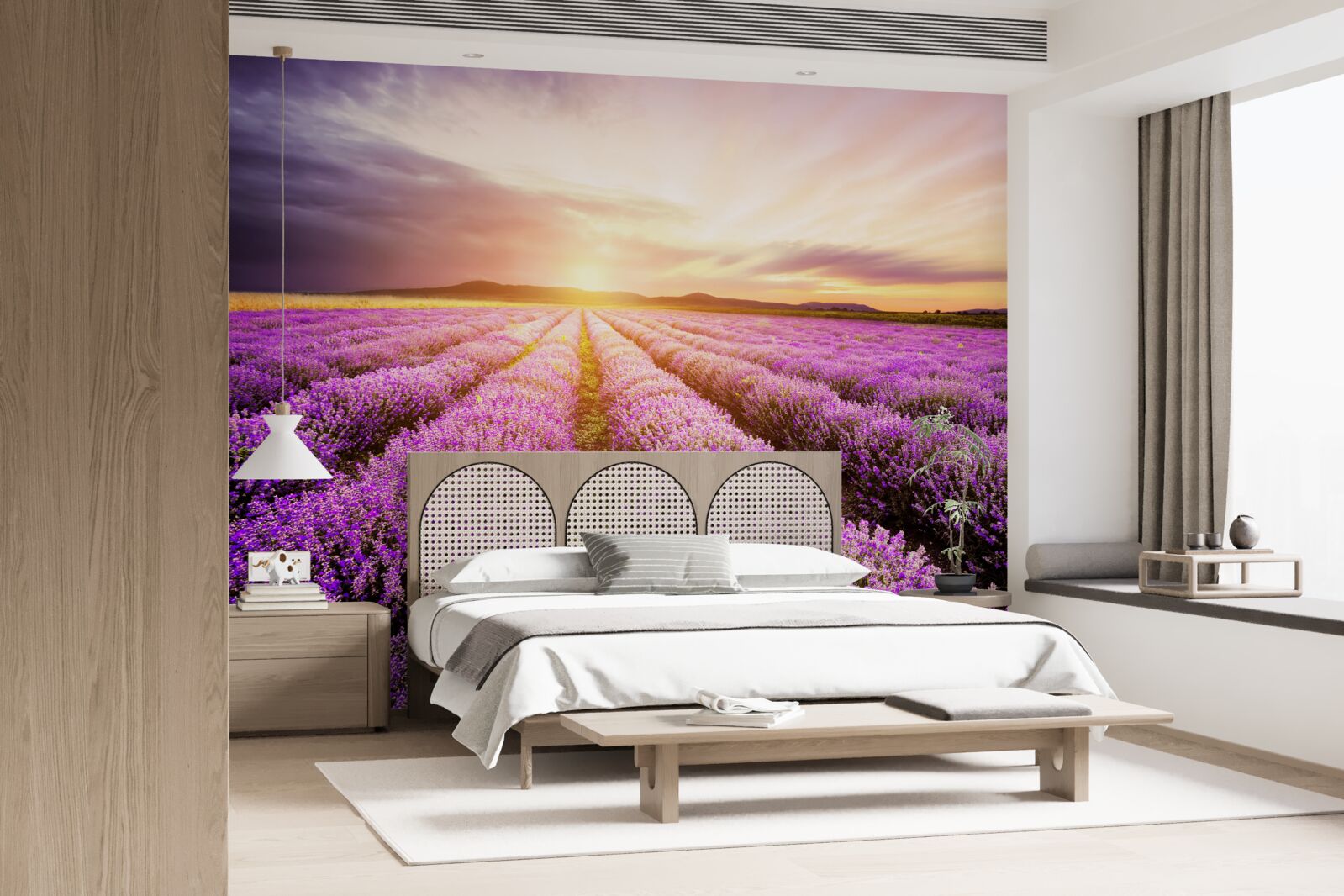 Fotobehang zonsondergang boven een veld lavendel