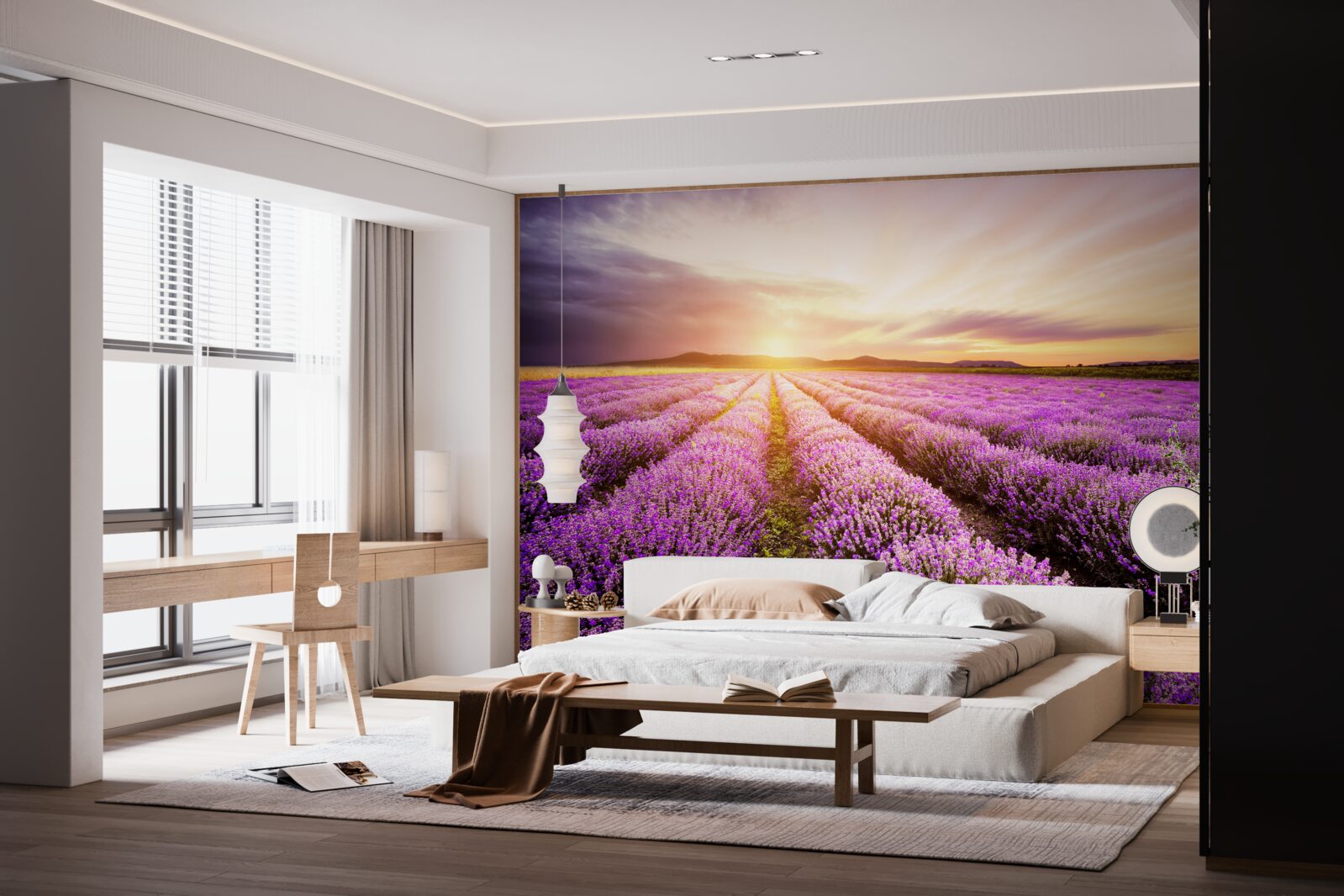 Fotobehang zonsondergang boven een veld lavendel