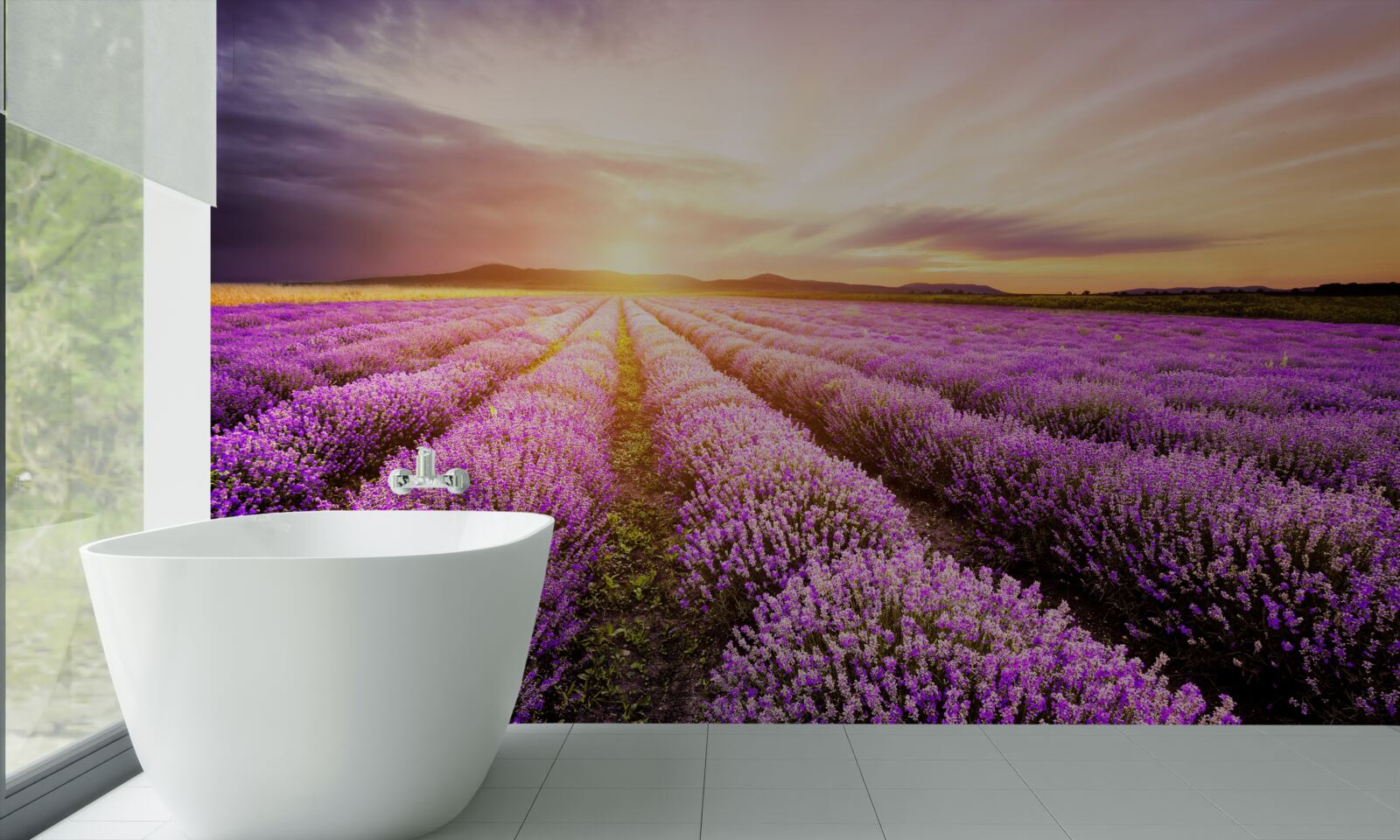 Fotobehang zonsondergang boven een veld lavendel