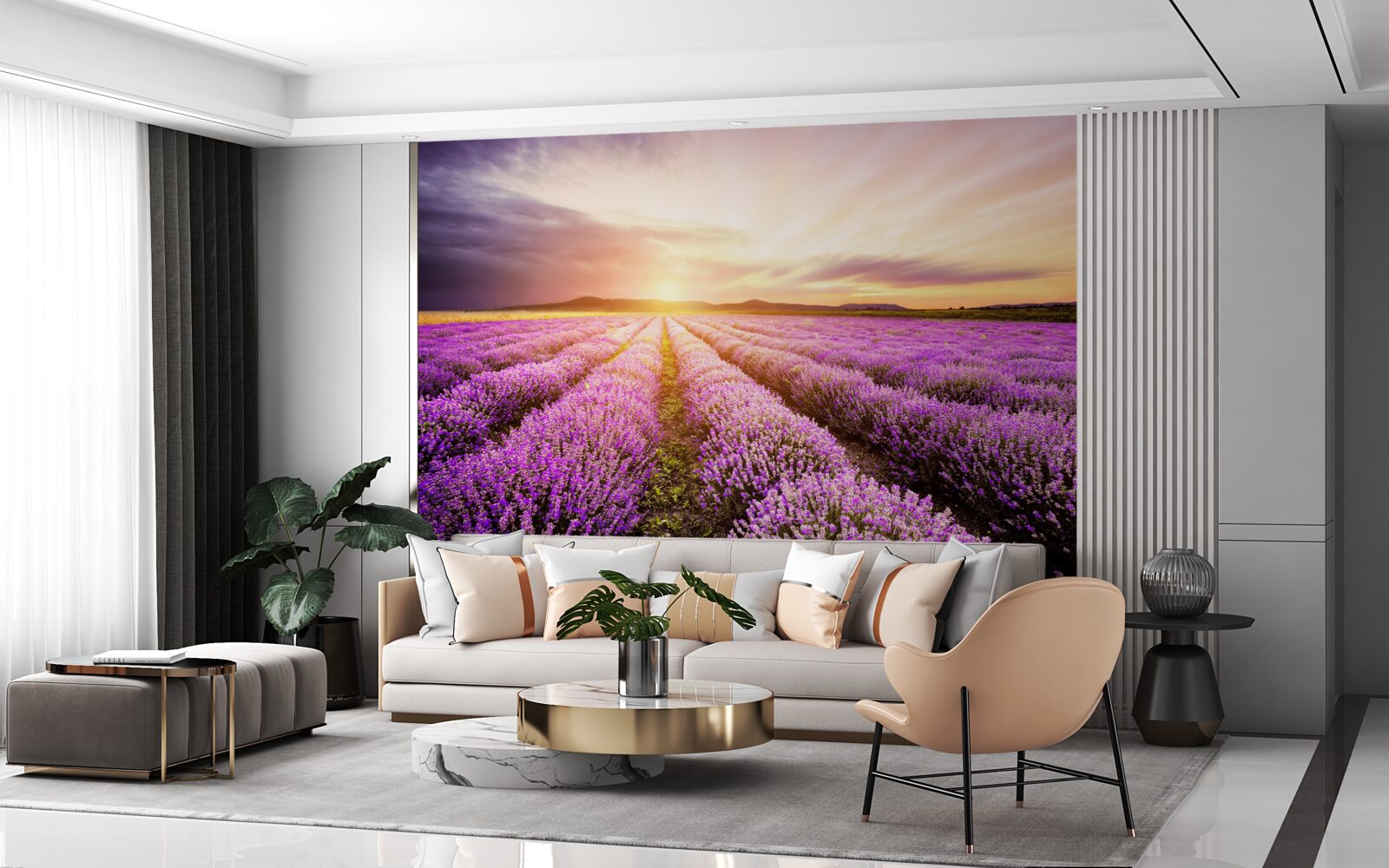 Fotobehang zonsondergang boven een veld lavendel