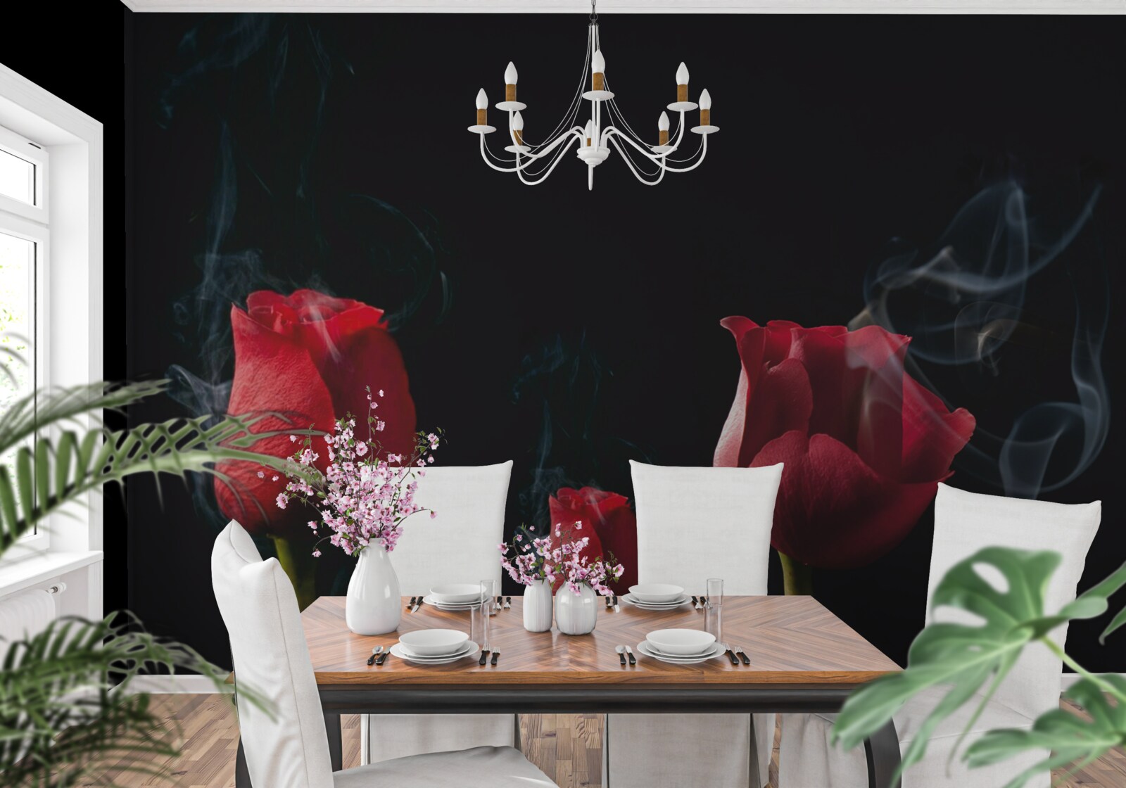 Fotobehang een rode roos bloeit in de rook