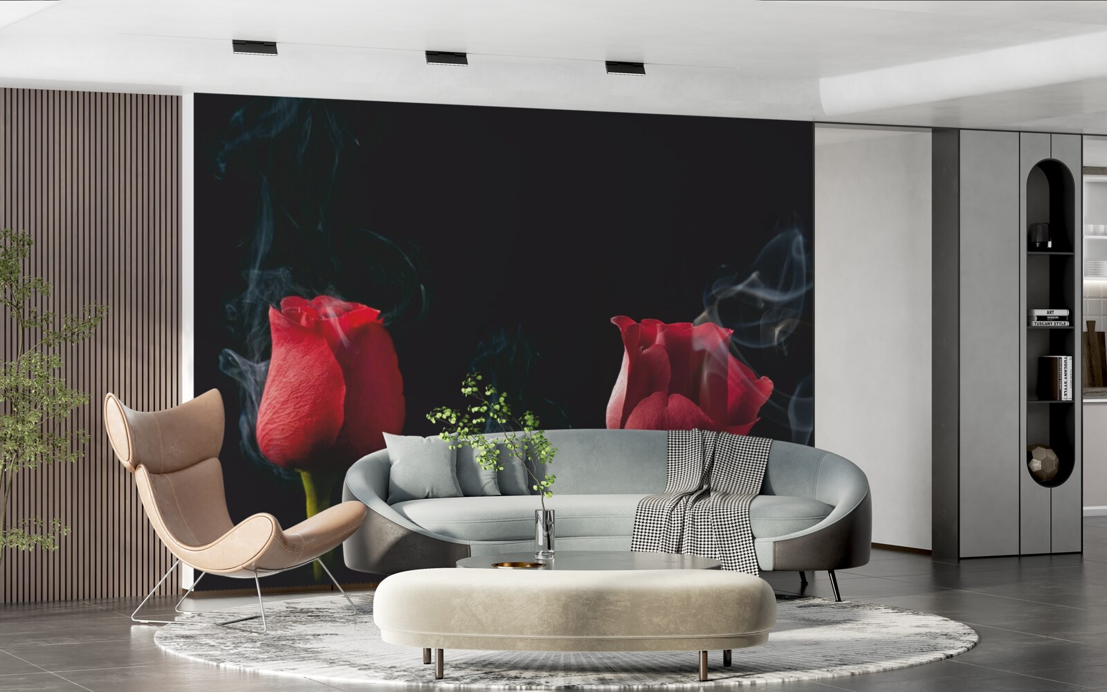 Fotobehang een rode roos bloeit in de rook