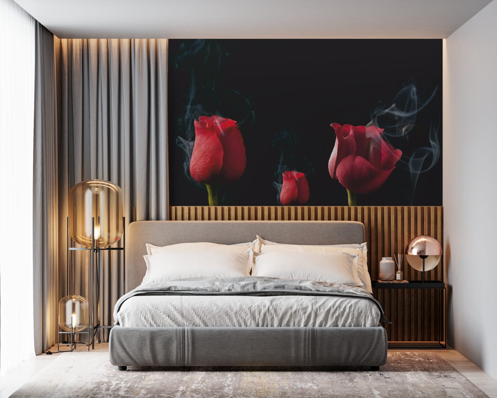 Fotobehang een rode roos bloeit in de rook