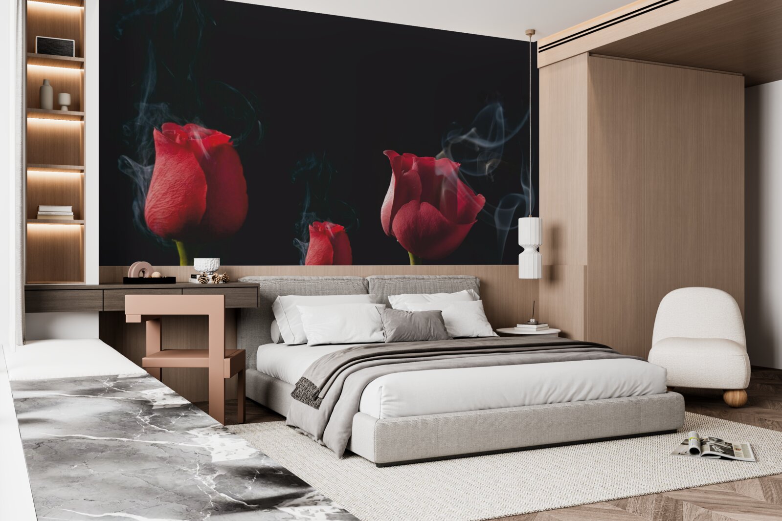 Fotobehang een rode roos bloeit in de rook