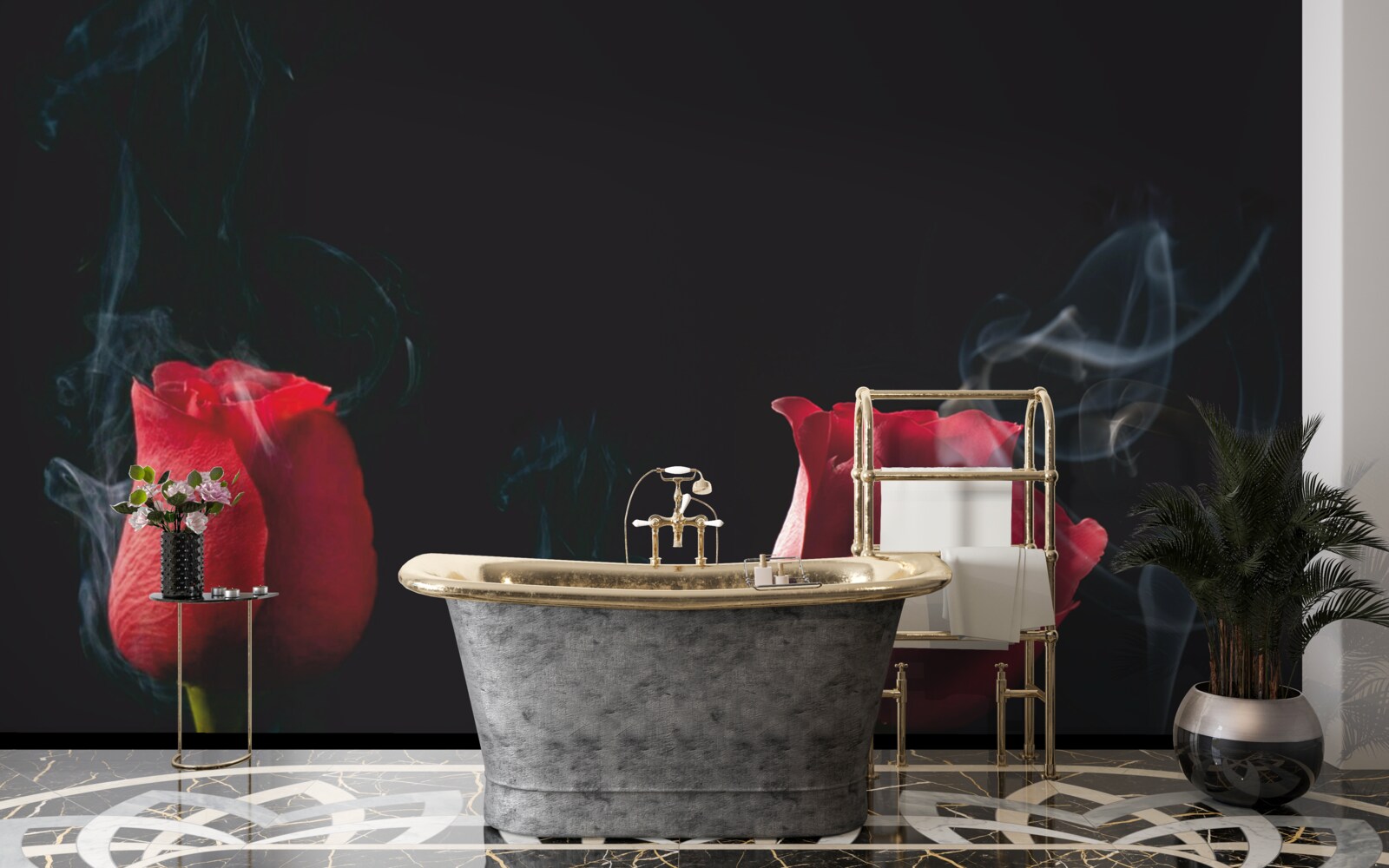 Fotobehang een rode roos bloeit in de rook